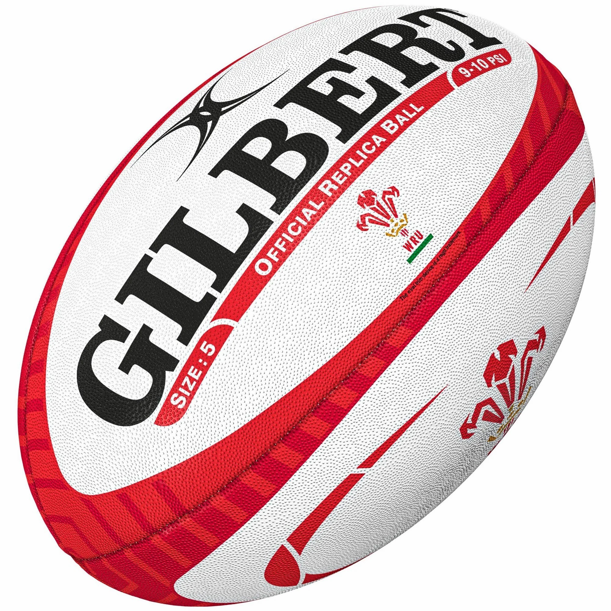 White rugby ball with red accents, featuring "GILBERT" branding, Welsh emblem, and "OFFICIAL REPLICA BALL" text; made of durable material, size 5, suitable for ages 9-10.
