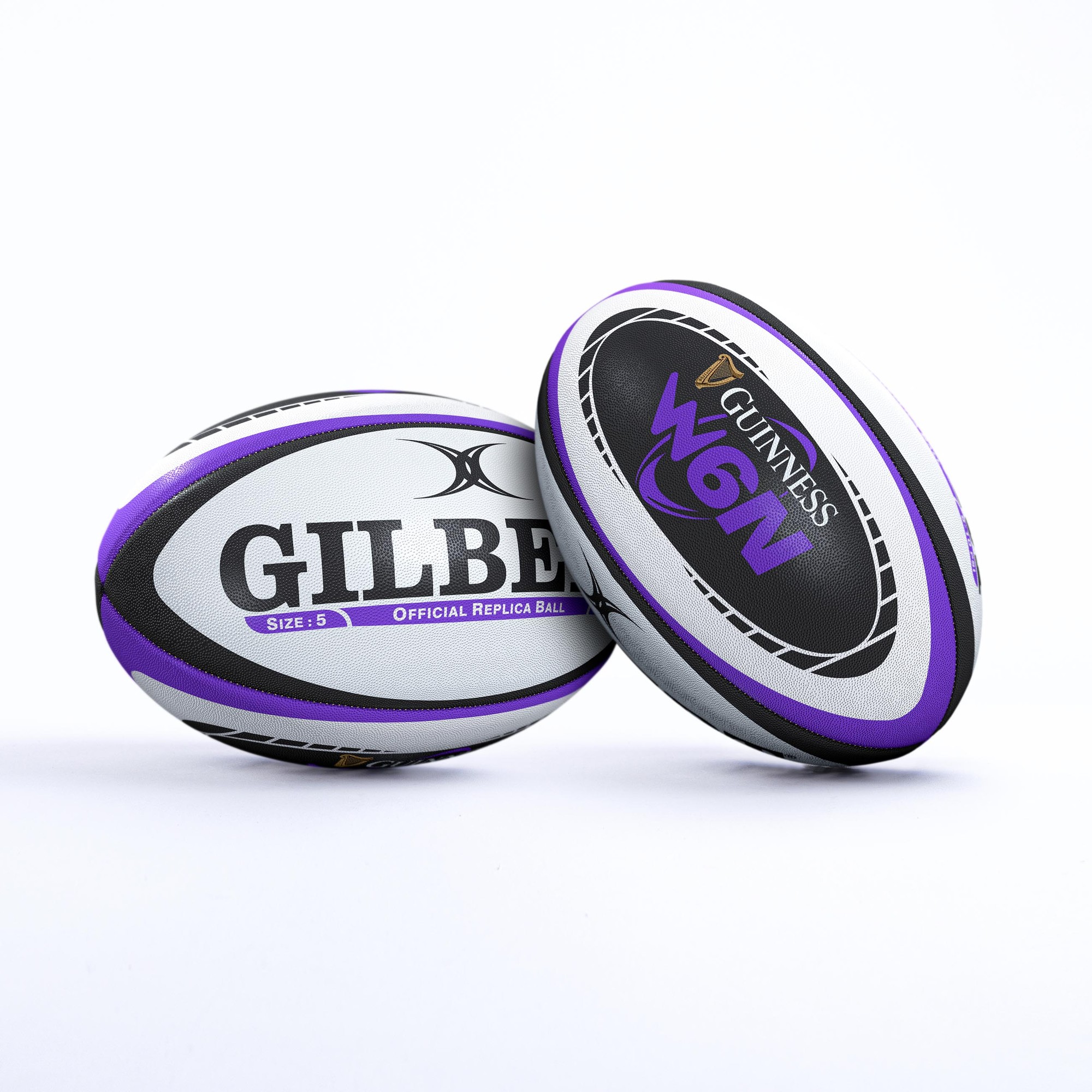 Gilbert Women's Guinness Six Nations Replica Rugby Ball featuring a grey and black design with purple accents, labeled "GILBERT" and "GUINNESS SIX NATIONS," size 5.