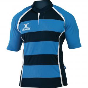 Black and blue striped short-sleeve rugby match shirt with a collar, featuring the Gilbert logo on the chest and made from breathable material for comfort during play.