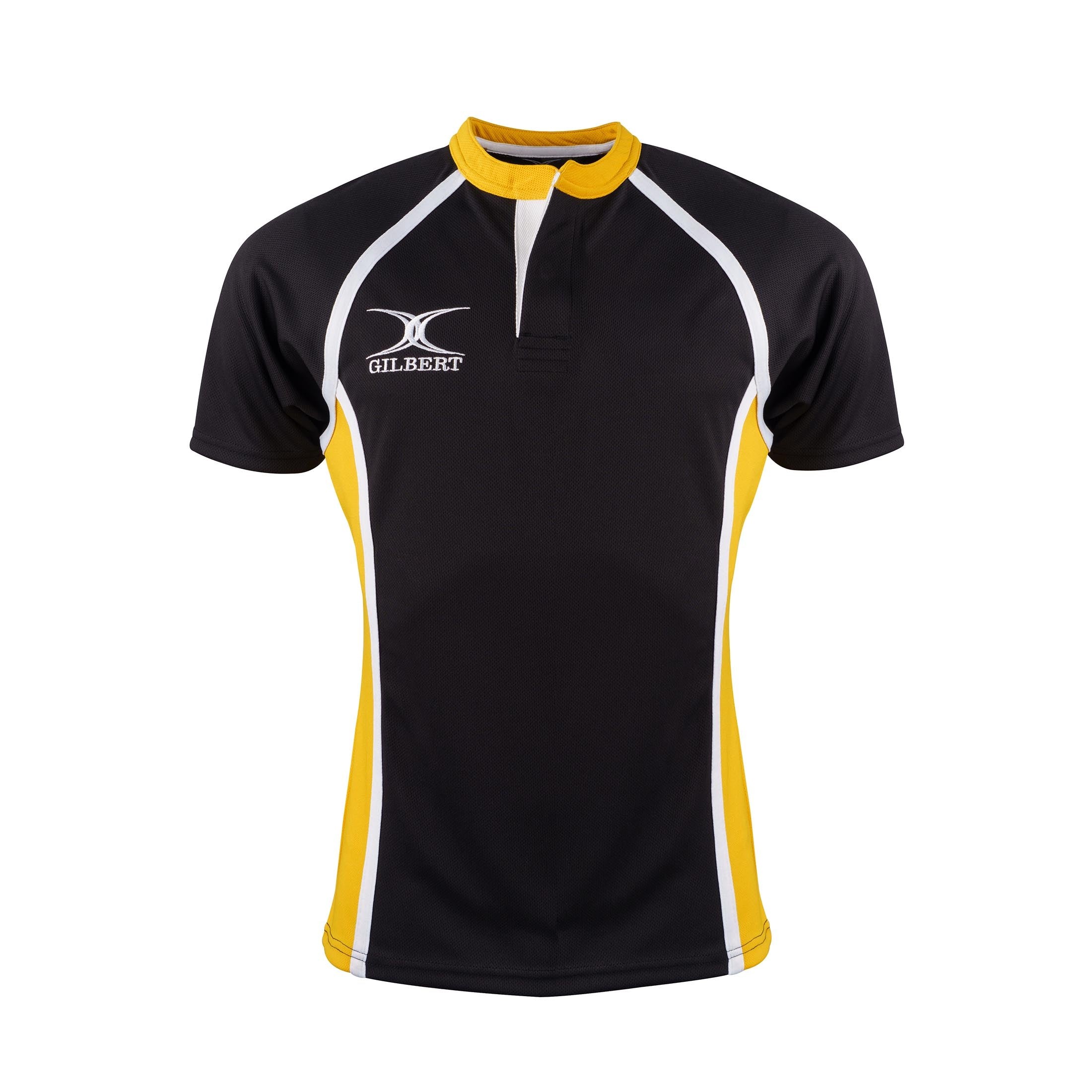 Black rugby match shirt with yellow and white accents, featuring a collar and short sleeves, made from breathable material, branded with the Gilbert logo on the chest.