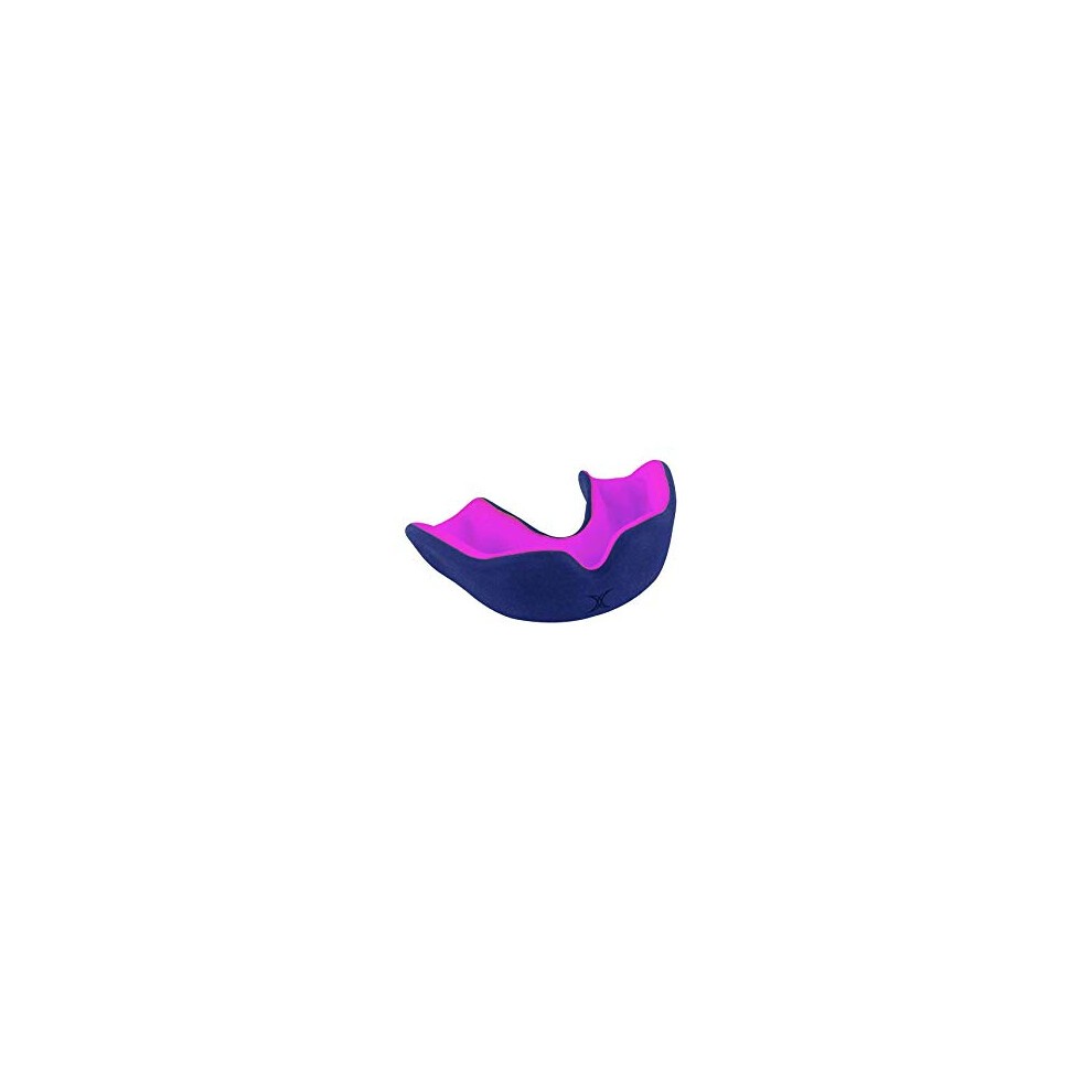 Black and pink dual density mouthguard with a contoured design for comfort, featuring a soft inner layer and a durable outer layer, ideal for rugby protection.