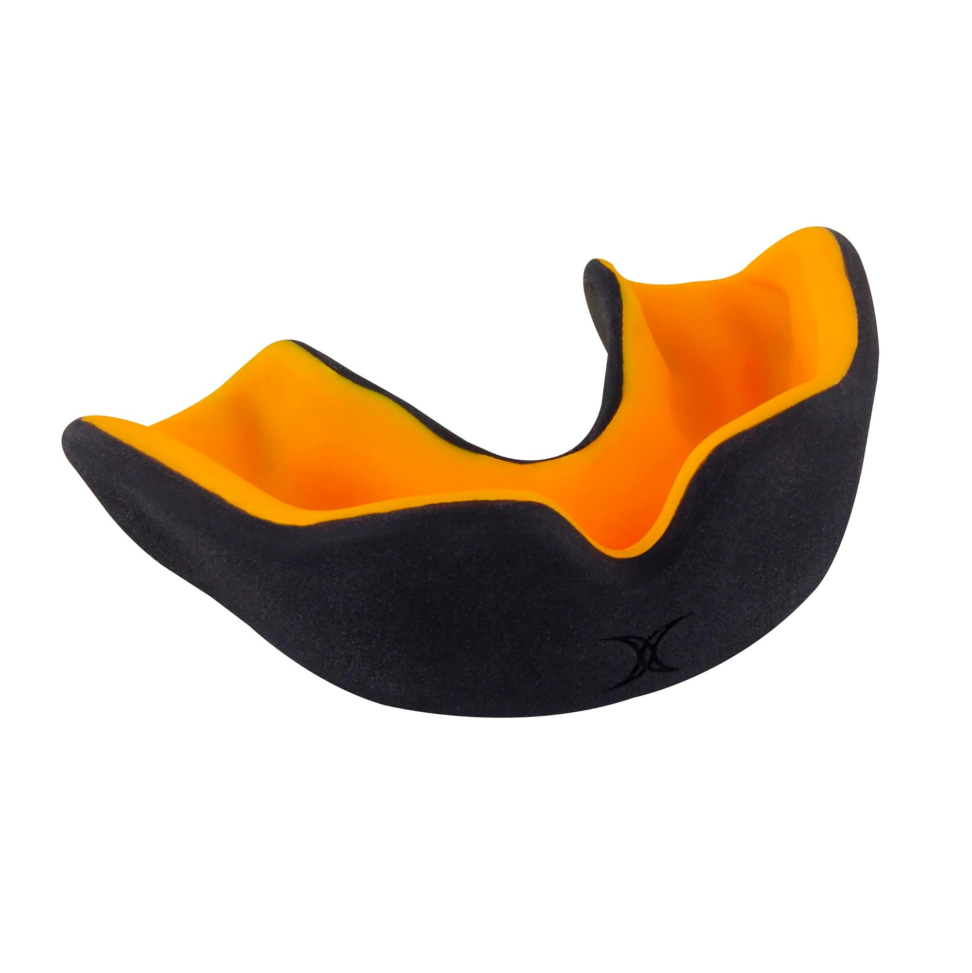 Black dual density mouthguard with a smooth exterior and bright orange interior, designed for comfort and protection, featuring a distinctive curved shape and Gilbert Rugby logo.