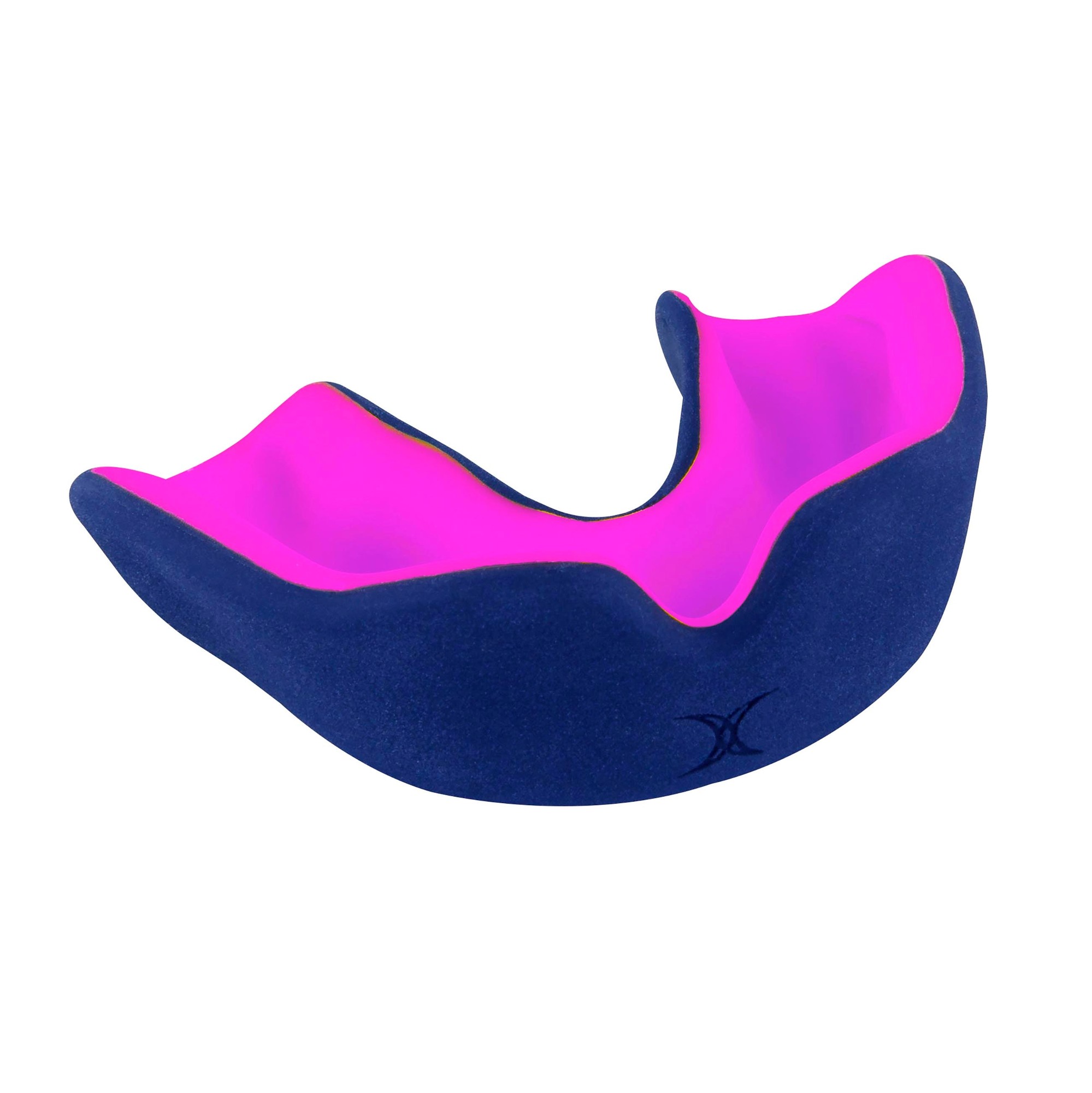 Black dual density mouthguard with a vibrant pink interior, featuring a contoured design for comfort and protection, branded with the Gilbert Rugby logo.