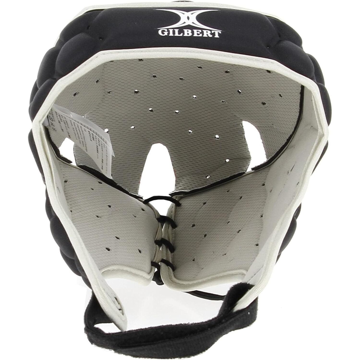 Black and green Gilbert XP 250 junior rugby headguard featuring a padded design, internal ventilation holes, and an adjustable chin strap for a secure fit.
