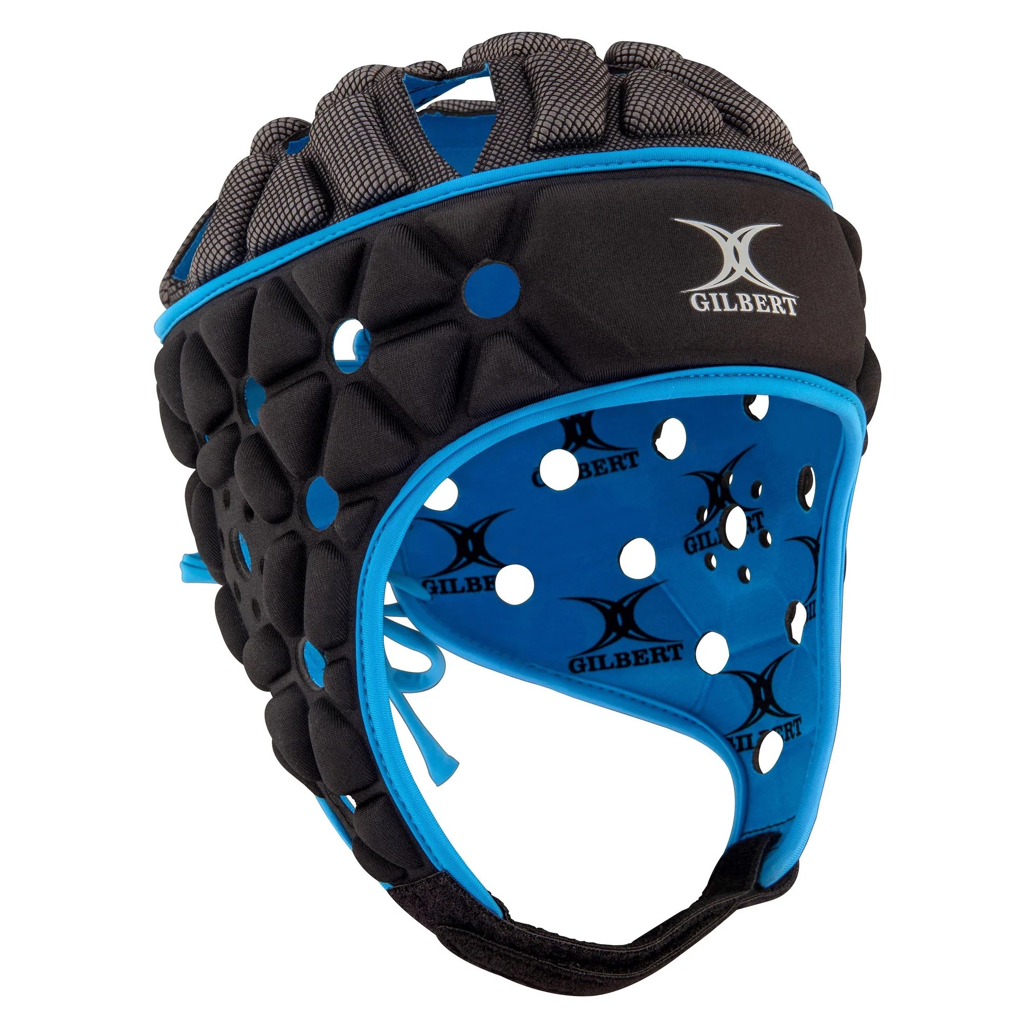 Black and green junior rugby headguard featuring padded protection, ventilation holes, and a secure fit, with the Gilbert logo prominently displayed.