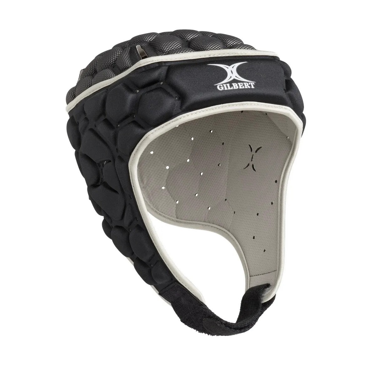 Black and green Gilbert XP 250 headguard featuring a honeycomb design, padded exterior for protection, and ventilation holes for breathability.