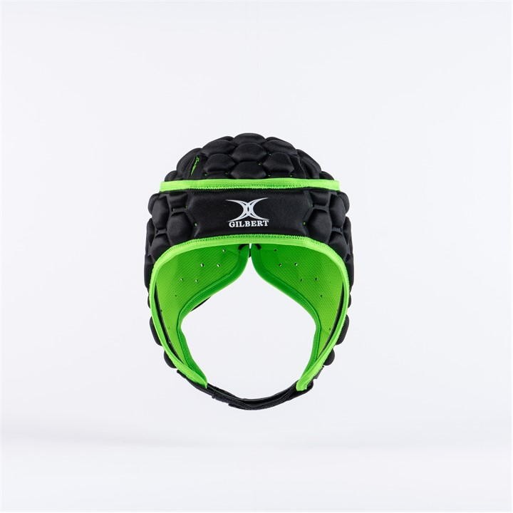 Black and green Gilbert XP 250 headguard featuring a padded exterior for protection, with ventilation holes and an adjustable chin strap for a secure fit.
