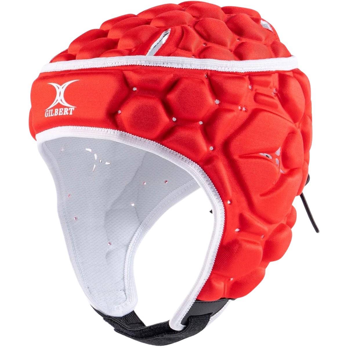 Black and green Gilbert XP 250 headguard featuring a padded hexagonal design, adjustable chin strap, and breathable inner lining for enhanced comfort and protection in rugby.