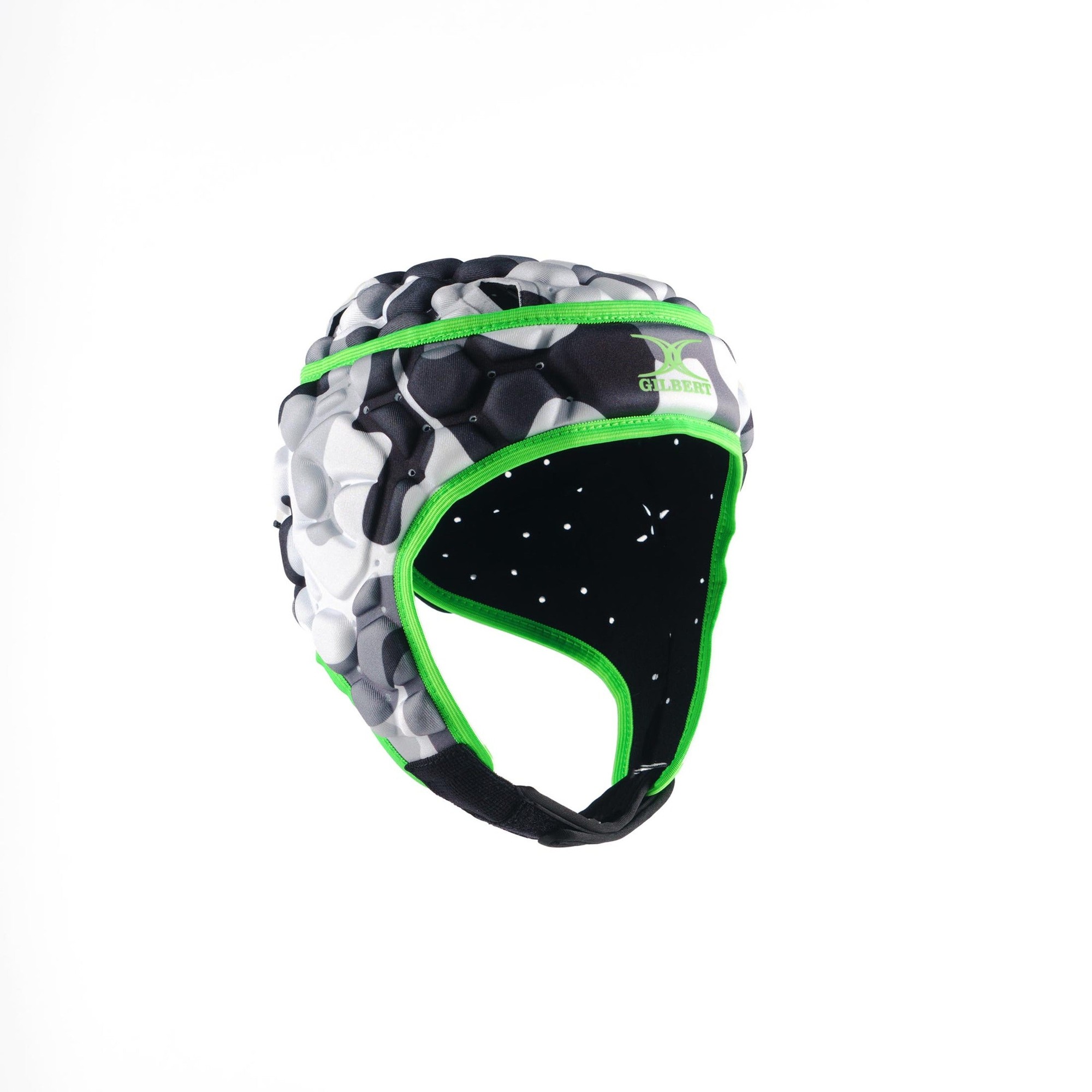 Black and green Gilbert XP 250 headguard featuring a textured design, padded construction, and ventilation holes for comfort and protection in rugby.