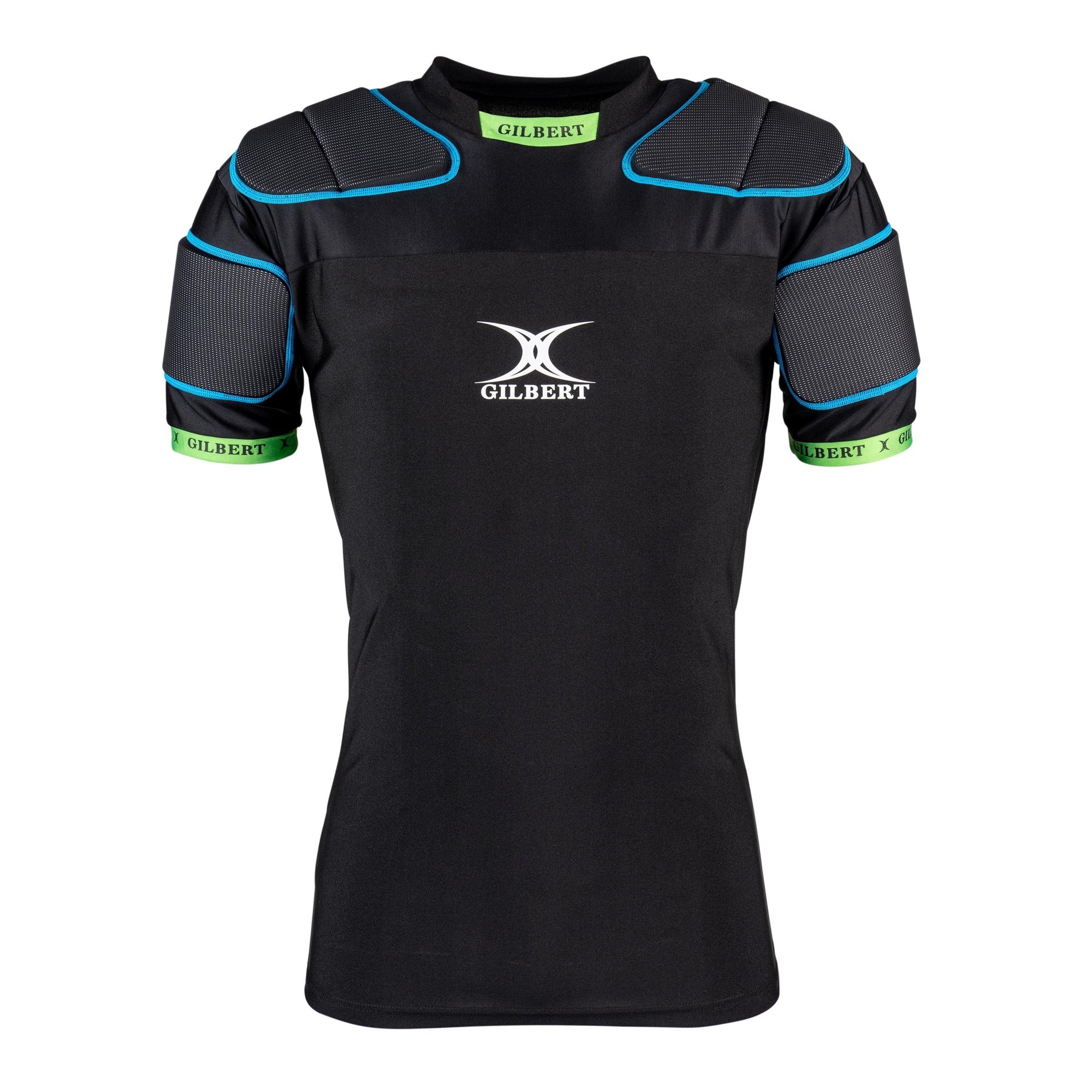 Black unisex rugby body armour featuring padded shoulder and chest protection, highlighted with blue accents and a green logo on the sleeves, designed for senior players.