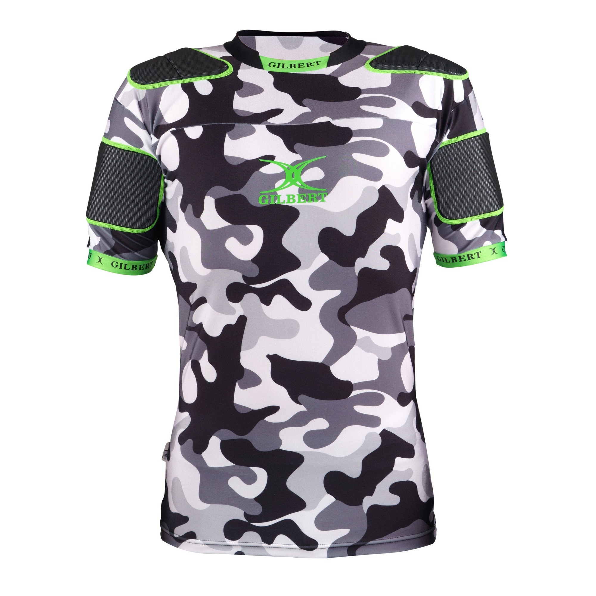 Unisex Gilbert XP100 Body Armour featuring a grey and black camouflage pattern, with green accents and padded shoulder protection for enhanced safety in rugby.
