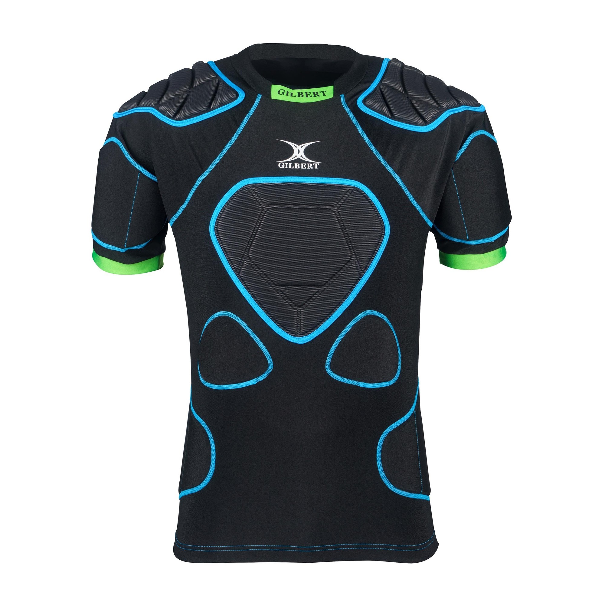 Black rugby body armour with blue and green accents, featuring padded shoulder and chest protection, designed for juniors by Gilbert Rugby.