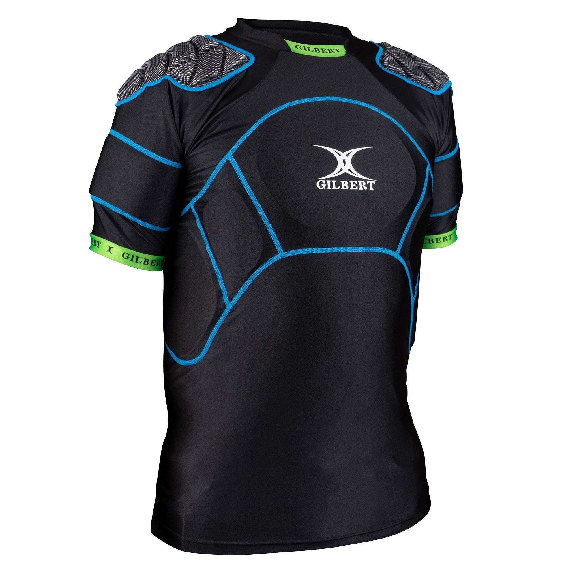 Black junior rugby body armour featuring padded shoulders, vibrant blue accents, and a green logo band, designed for protection and comfort during play.