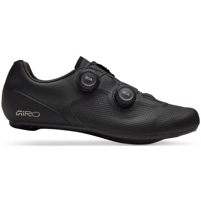 Black Giro Regime II cycling shoes in size 45, featuring a sleek design, textured synthetic upper, and dual BOA dial closures for a secure fit.