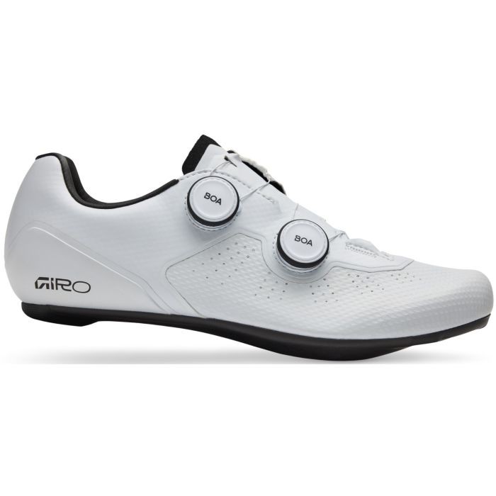 White Giro Regime II cycling shoes in size 42, featuring a sleek design, mesh upper for breathability, and dual BOA dial closures for a secure fit.