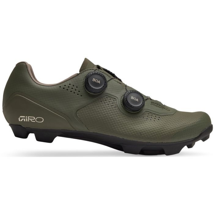 Dark sage Giro Regime XC shoes in size 44 feature a sleek design, breathable material, and dual BOA dials for a secure fit, with a rugged sole for off-road traction.