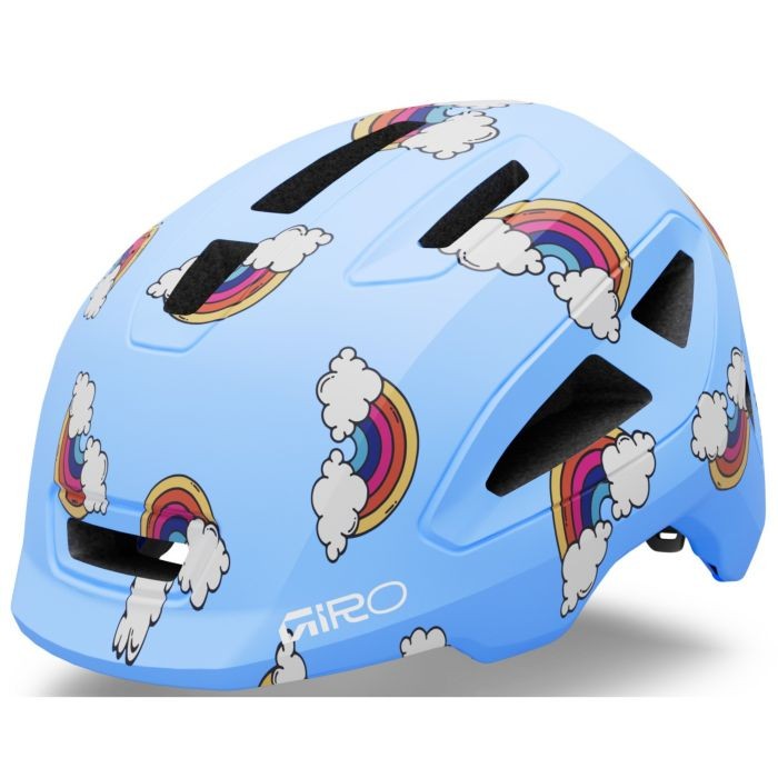 Giro Scamp II helmet in blue with colorful rainbow and cloud graphics, featuring ventilation slots and a secure fit system, suitable for head sizes 49-53cm.