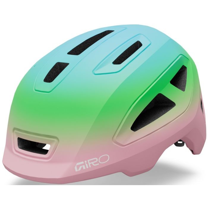 Giro Scamp II helmet in pink and green gradient, featuring ventilation slots, a lightweight design, and adjustable fit for head sizes 45-49cm.