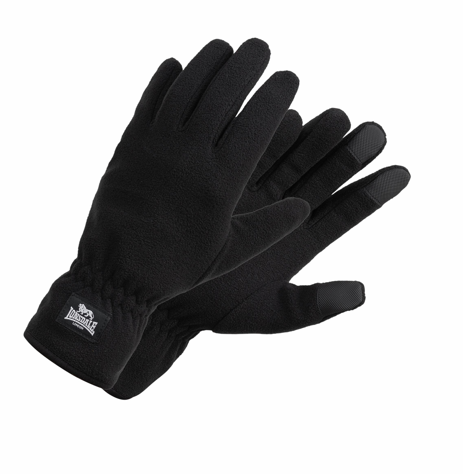 Black fleece gloves by Lonsdale, featuring a snug fit with elastic wrist, textured grip on fingertips, and a logo patch on the cuff.