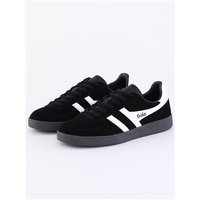 Black Gola Viper trainers with white stripes, gum sole, and lace-up design, size 9.