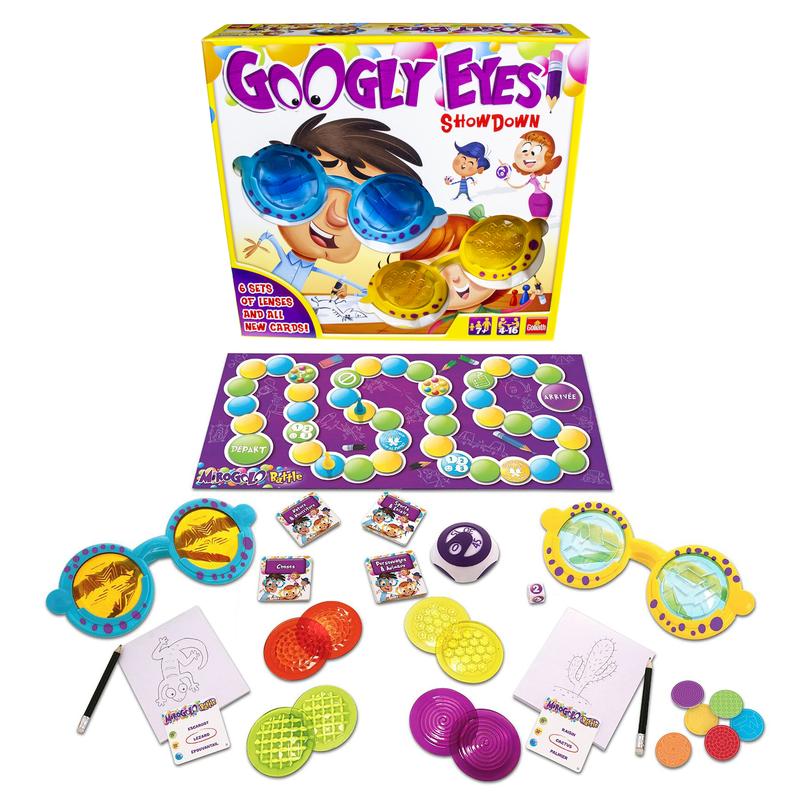 Colorful "Googly Eyes Showdown Game" box featuring playful graphics, oversized blue and yellow glasses, game board, colorful tokens, and drawing pads.