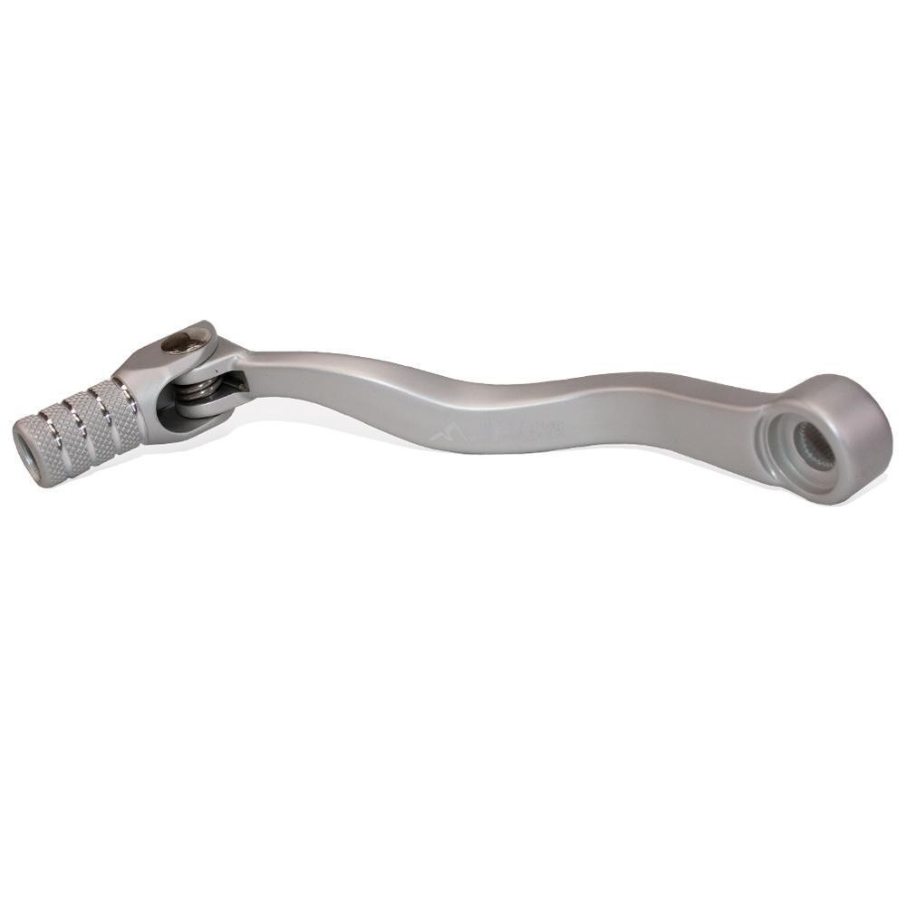 Silver forged gear pedal with a curved design, featuring a textured footpeg for grip, compatible with KTM and Husqvarna models from 2023 to 2025.