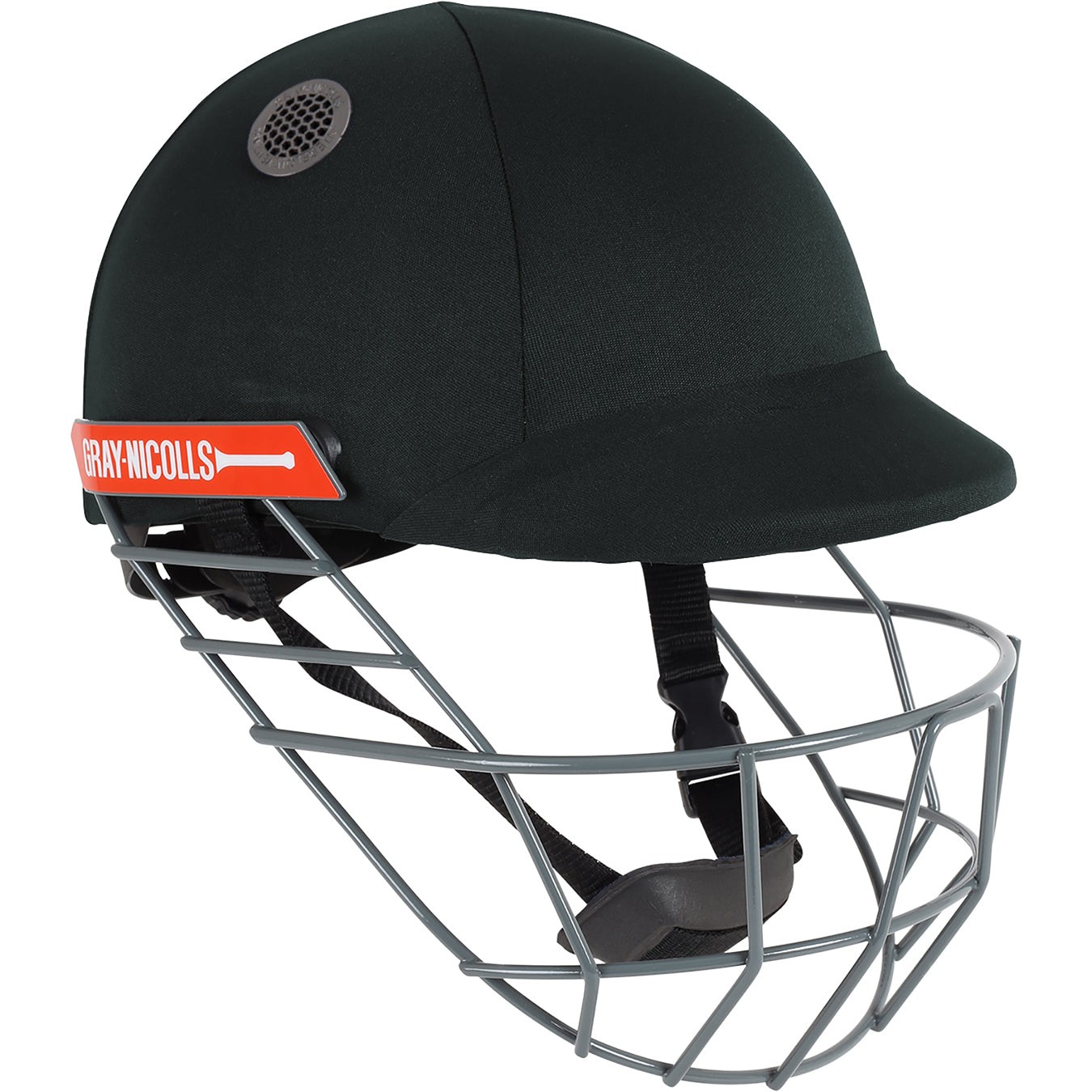 Gray-Nicolls Atomic Cricket Helmet in black, featuring a smooth exterior, protective grille, adjustable chin strap, and ventilation holes for comfort.