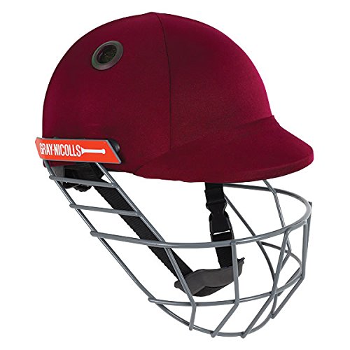 Gray-Nicolls Atomic Cricket Helmet in black with a padded exterior, a gray metal grille, and an adjustable chin strap for enhanced protection and comfort.
