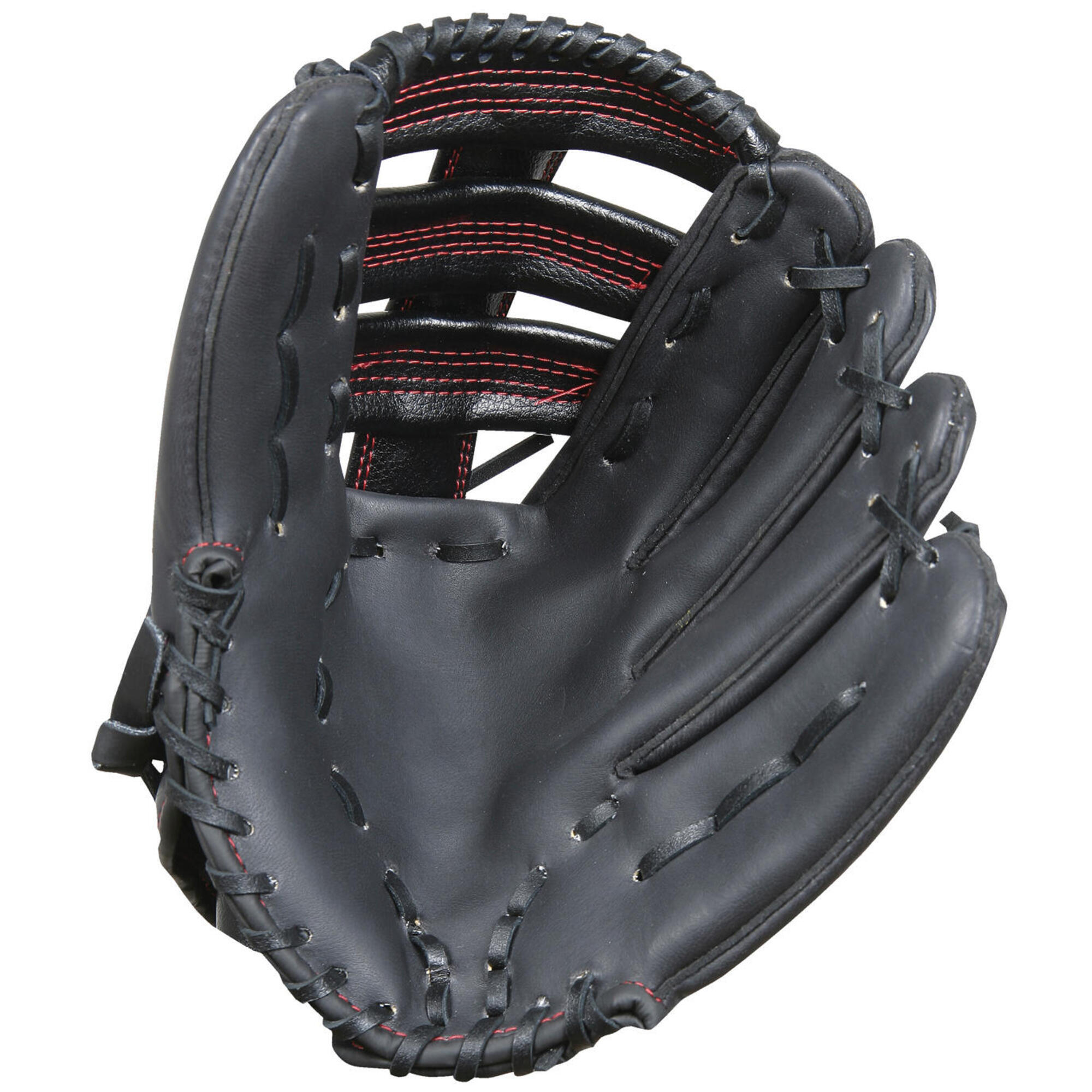 Gray-Nicolls baseball fielding glove in black leather, featuring red stitching, an open back design, and a deep pocket for improved catching performance.