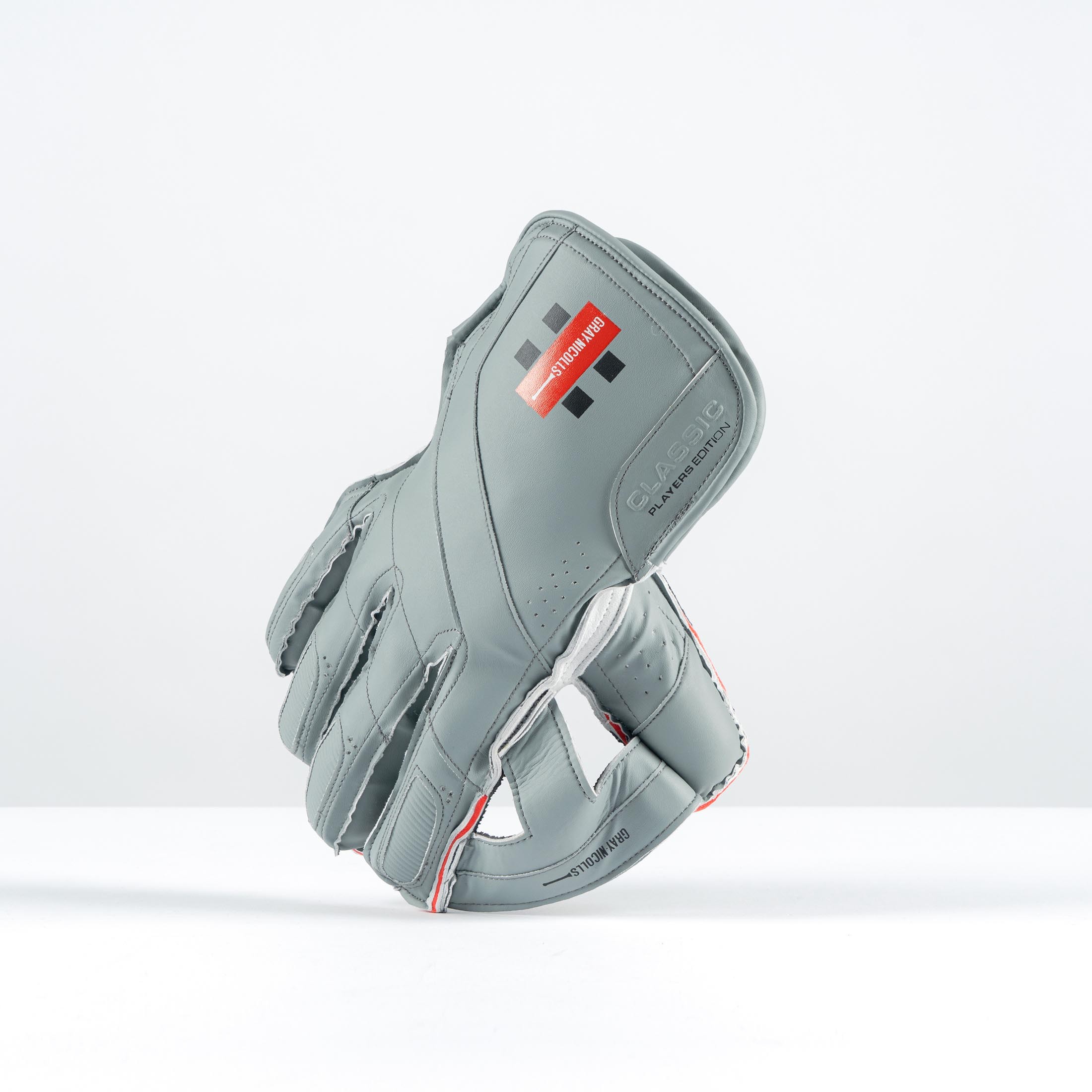 Gray and black wicketkeeping glove featuring a sleek design, padded fingers, reinforced palm, and a textured surface for enhanced grip, ideal for cricket performance.