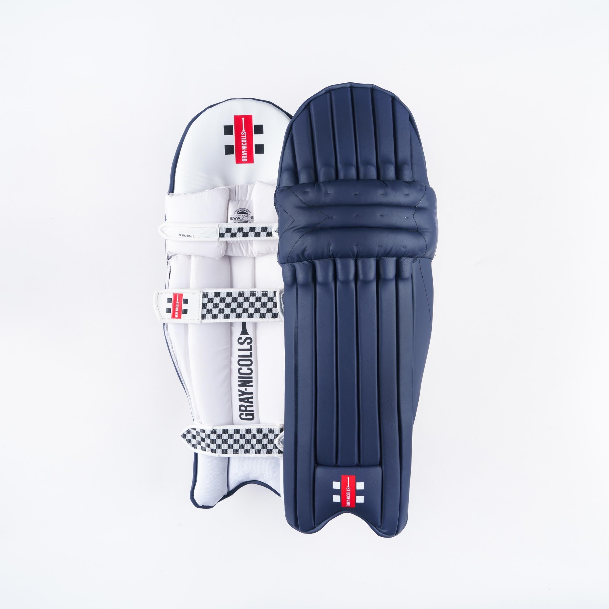 Gray-Nicolls Classic Select Batting Pads in multicolour, featuring a white base with navy accents, padded design, and checkered detailing for enhanced protection and style.