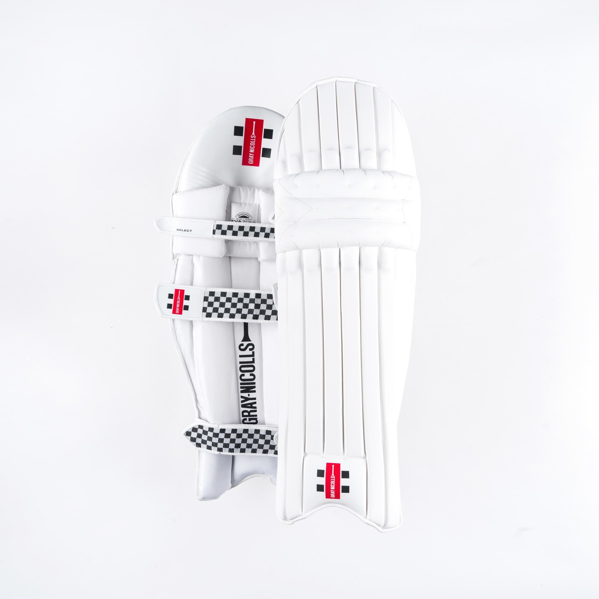 Gray-Nicolls Classic Select Batting Pads in white with multicolour accents, featuring padded protection, adjustable straps, and a distinctive checkerboard design.