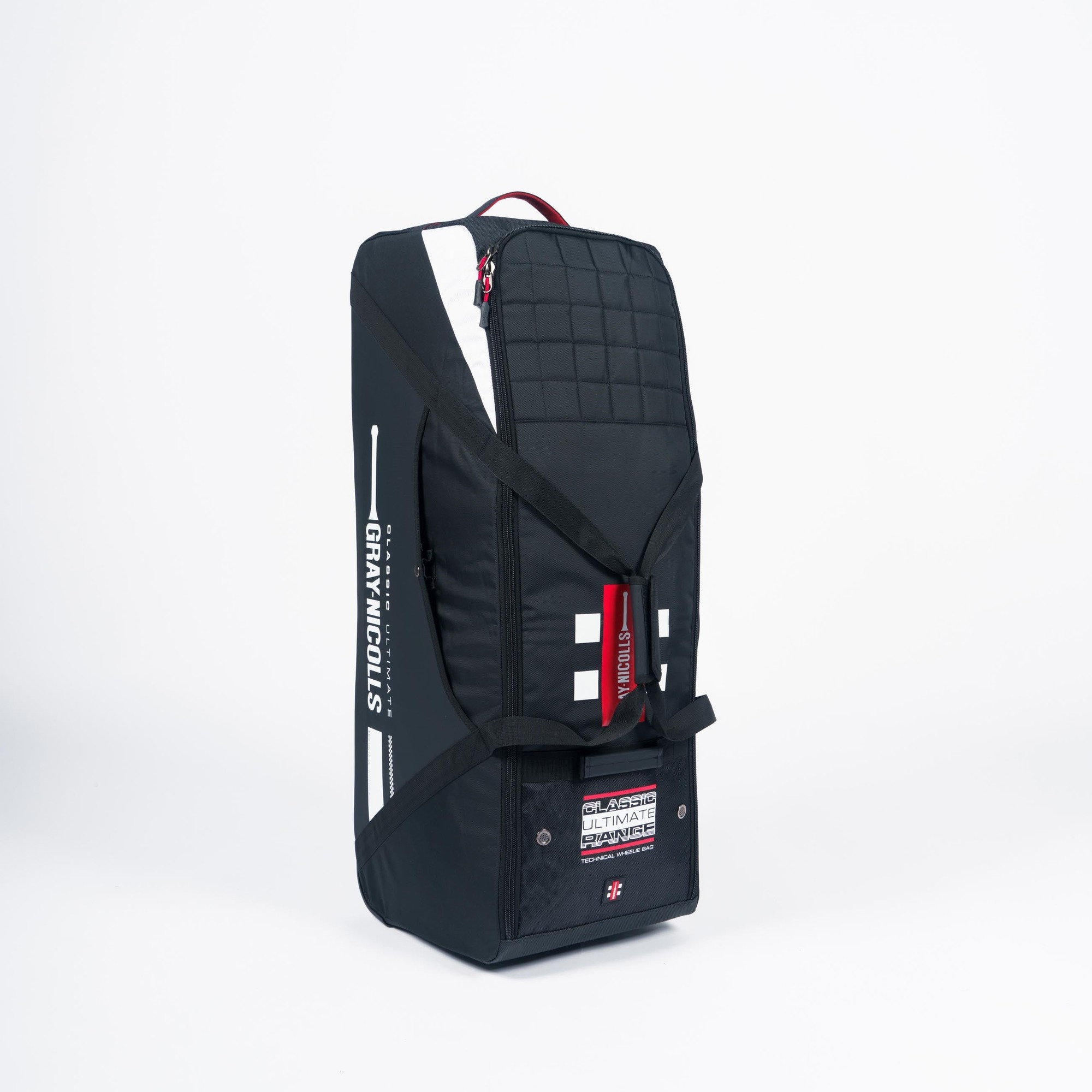 Gray-Nicolls Classic Ultimate Wheelie Bag in black, featuring a padded exterior, red accents, a large main compartment, and sturdy wheels for easy transport.