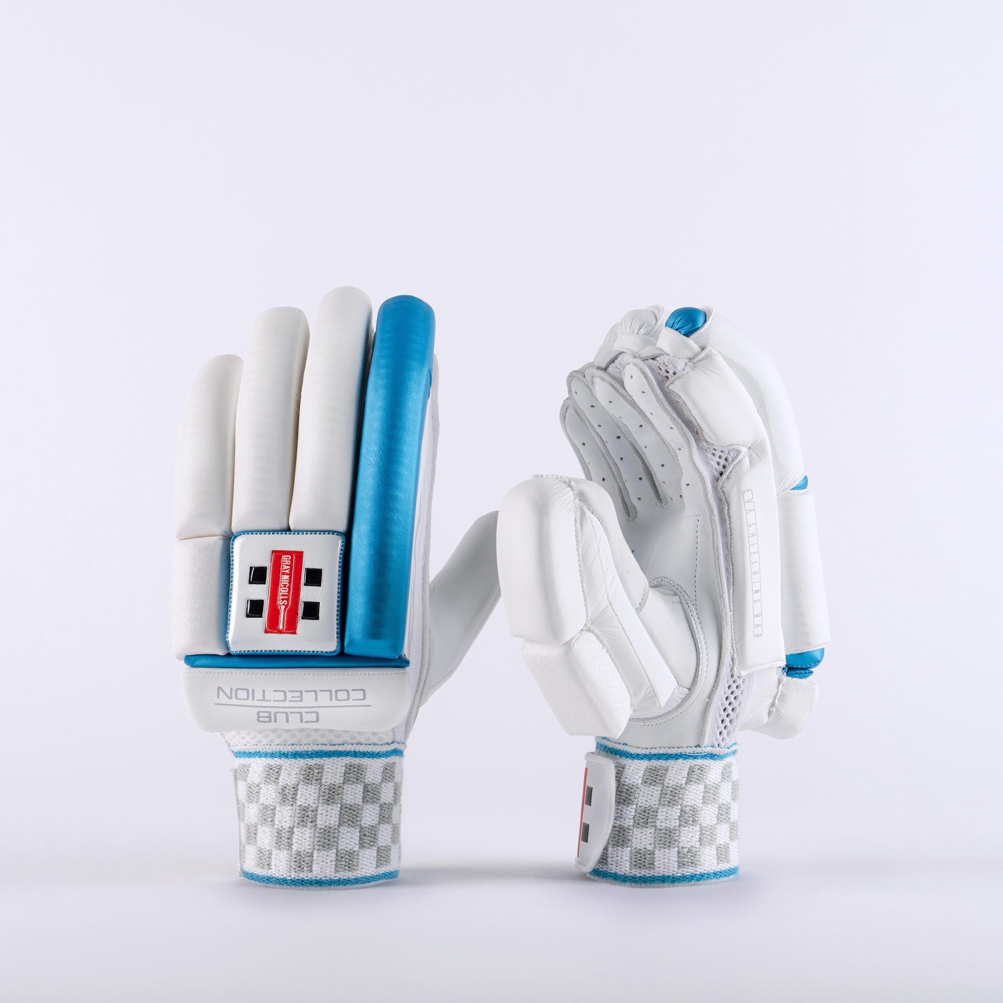 White Gray-Nicolls Club Collection batting gloves with blue accents, featuring padded fingers, a textured grip, and a checkered wrist strap for secure fit.