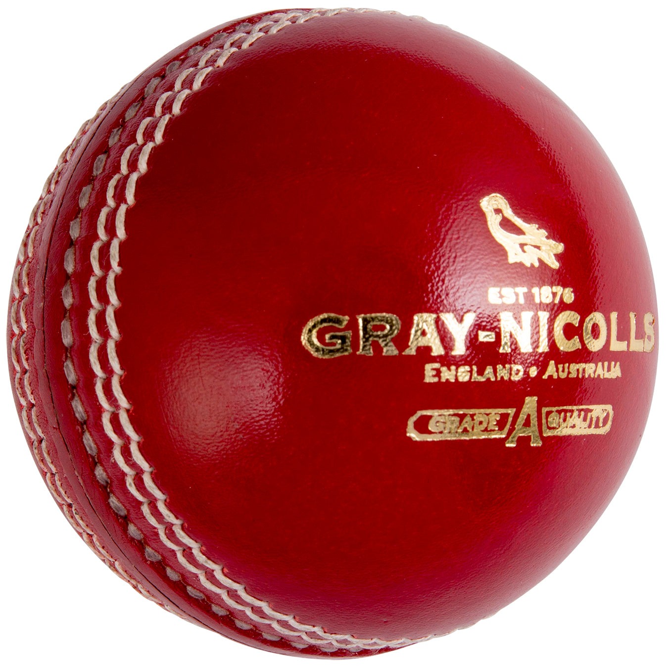 Red leather cricket ball with white stitching, featuring the Gray-Nicolls logo and "EST 1876" text, designed for the Crest Academy.
