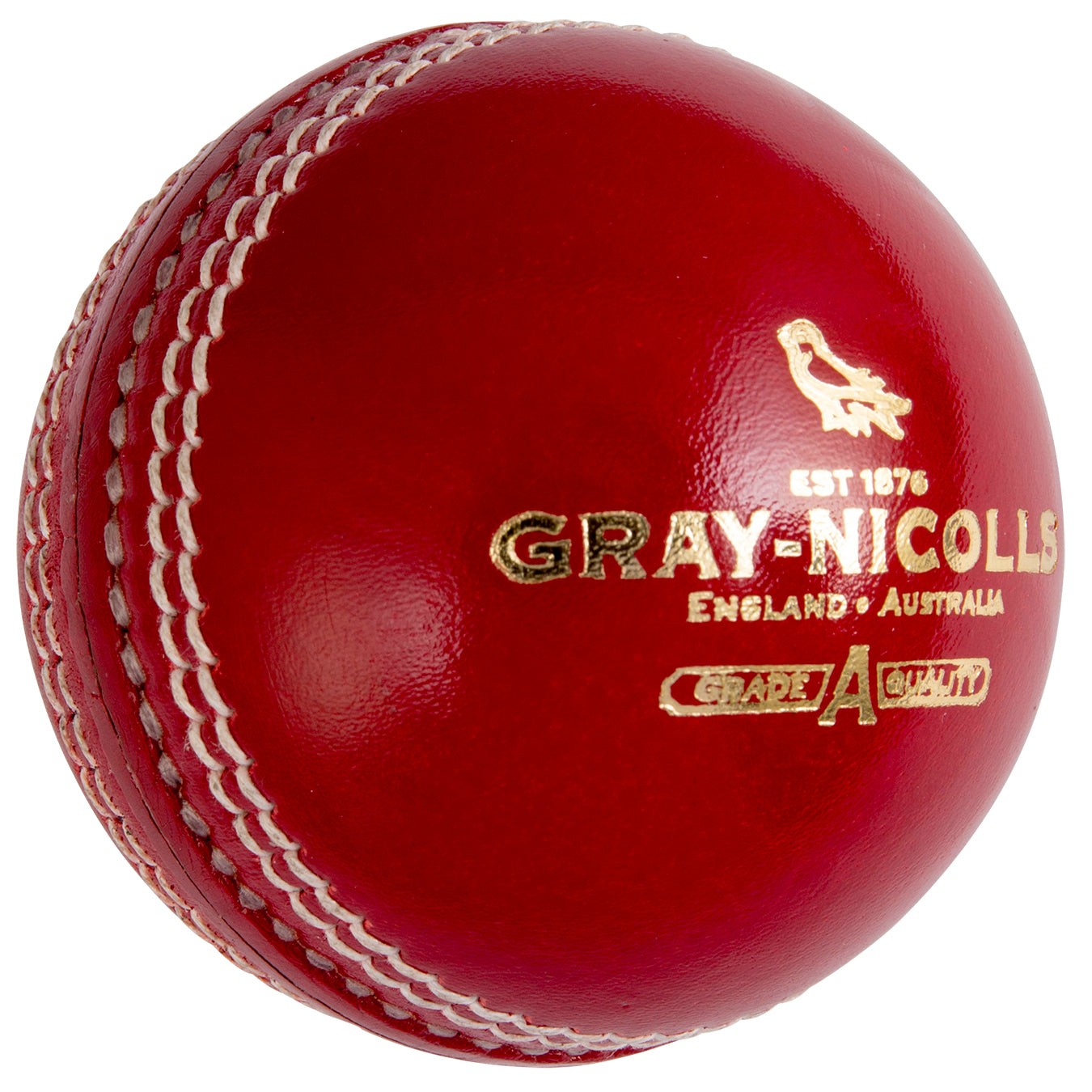 Red leather Gray-Nicolls Crest Elite Cricket Ball with gold branding, featuring prominent stitching and a smooth finish, designed for high-quality performance.