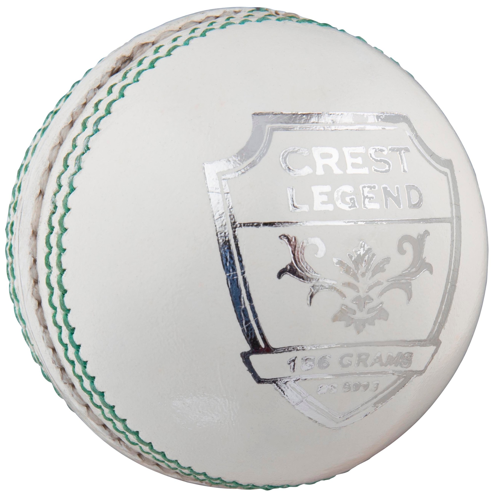 White cricket ball with a shiny silver Crest Legend logo, green stitching, and a weight of 156 grams, featuring a smooth leather surface.