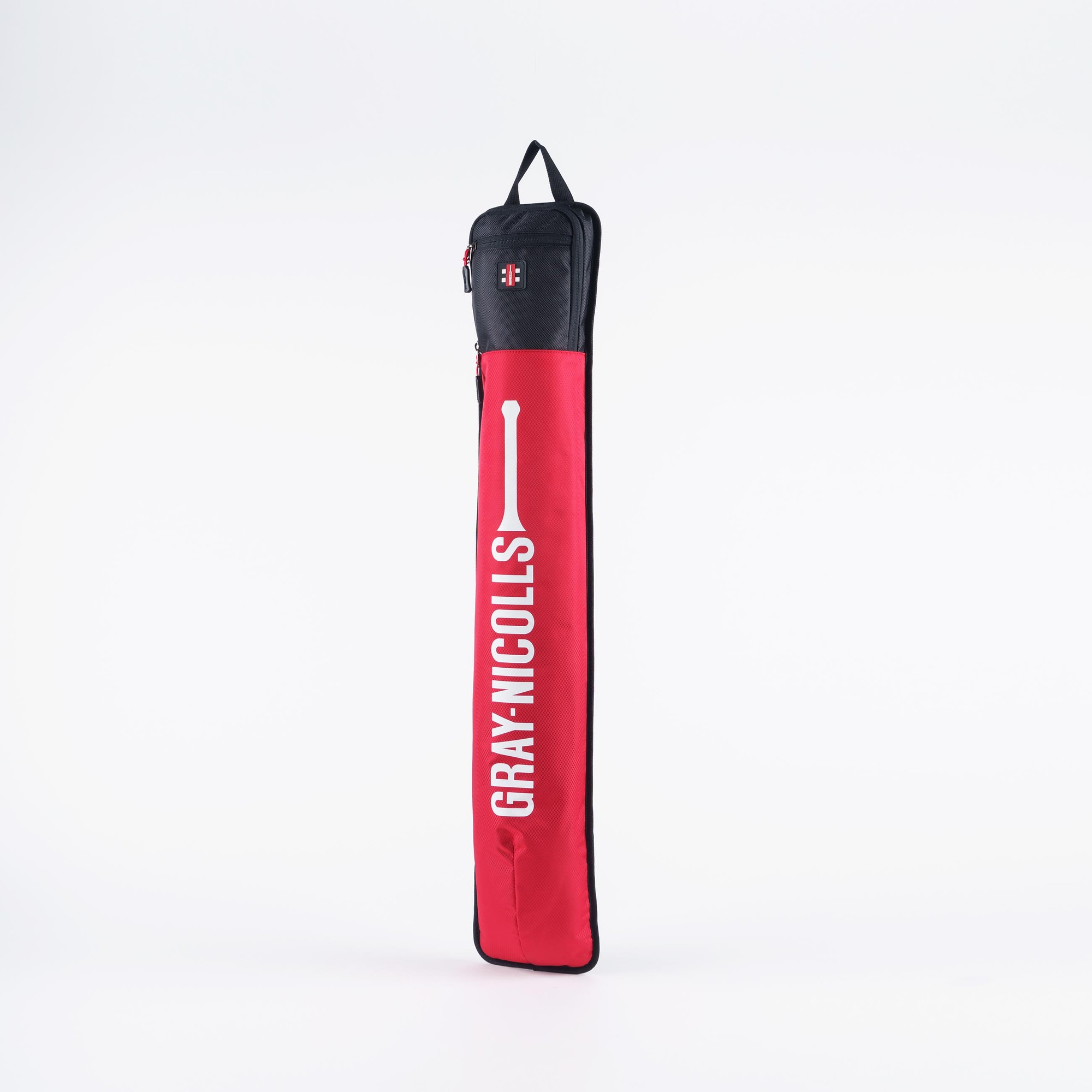 Gray-Nicolls cricket bat cover in black and red, featuring a zip closure, a hanging loop, and bold white branding on the side.