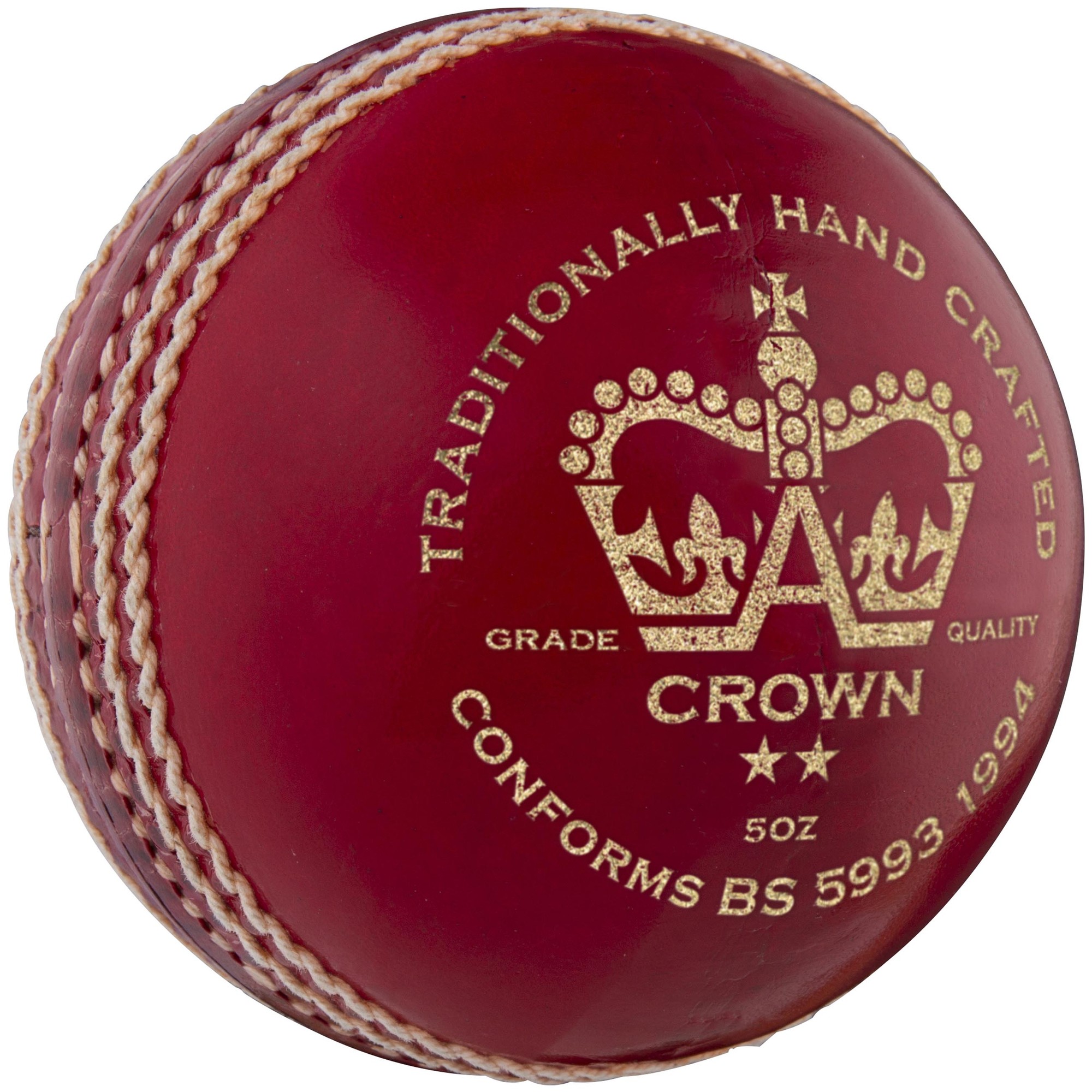 White Gray-Nicolls Crown 2 Star cricket ball, featuring a smooth leather surface, red stitching, and embossed gold logo with a crown design.