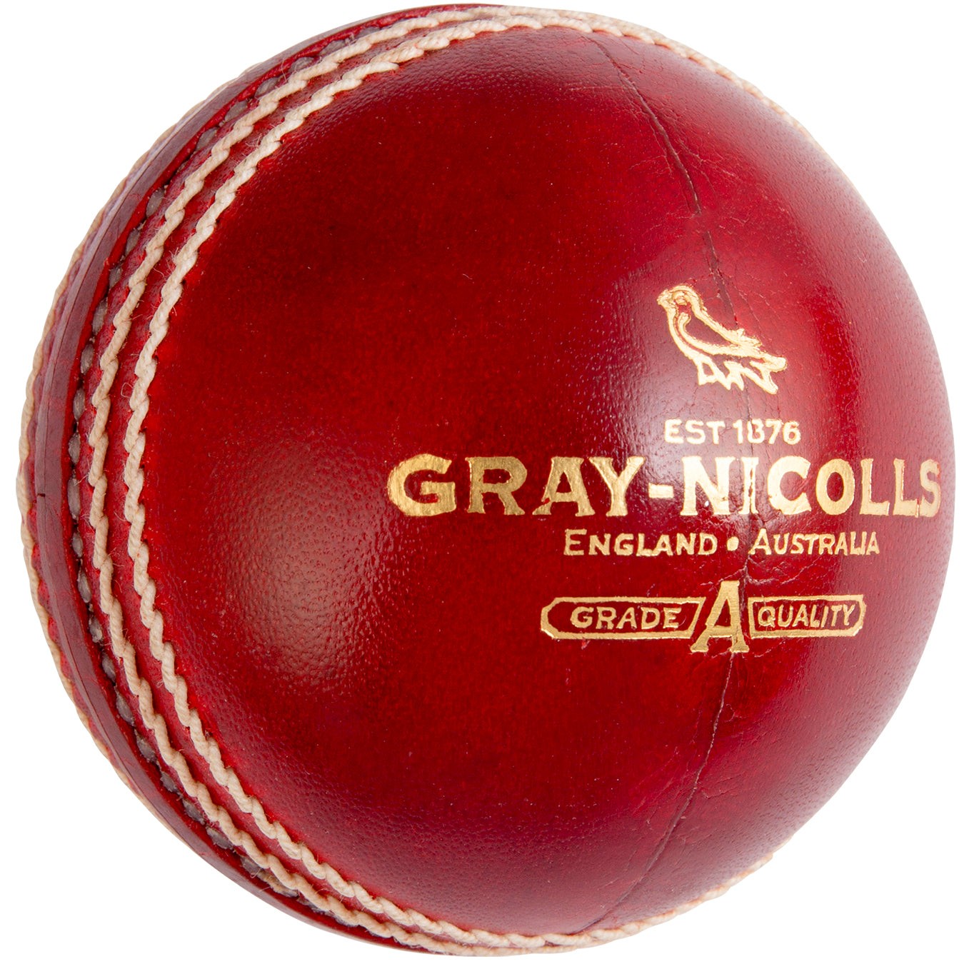 Red leather cricket ball featuring white stitching, embossed gold branding, and "GRADE A QUALITY" text, designed for high-performance play.