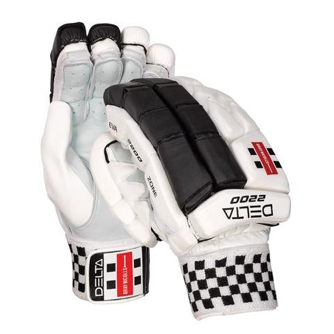 Gray-Nicolls Delta 2200 batting glove featuring a white and black design, padded protection, a checkered wristband, and breathable material for comfort.