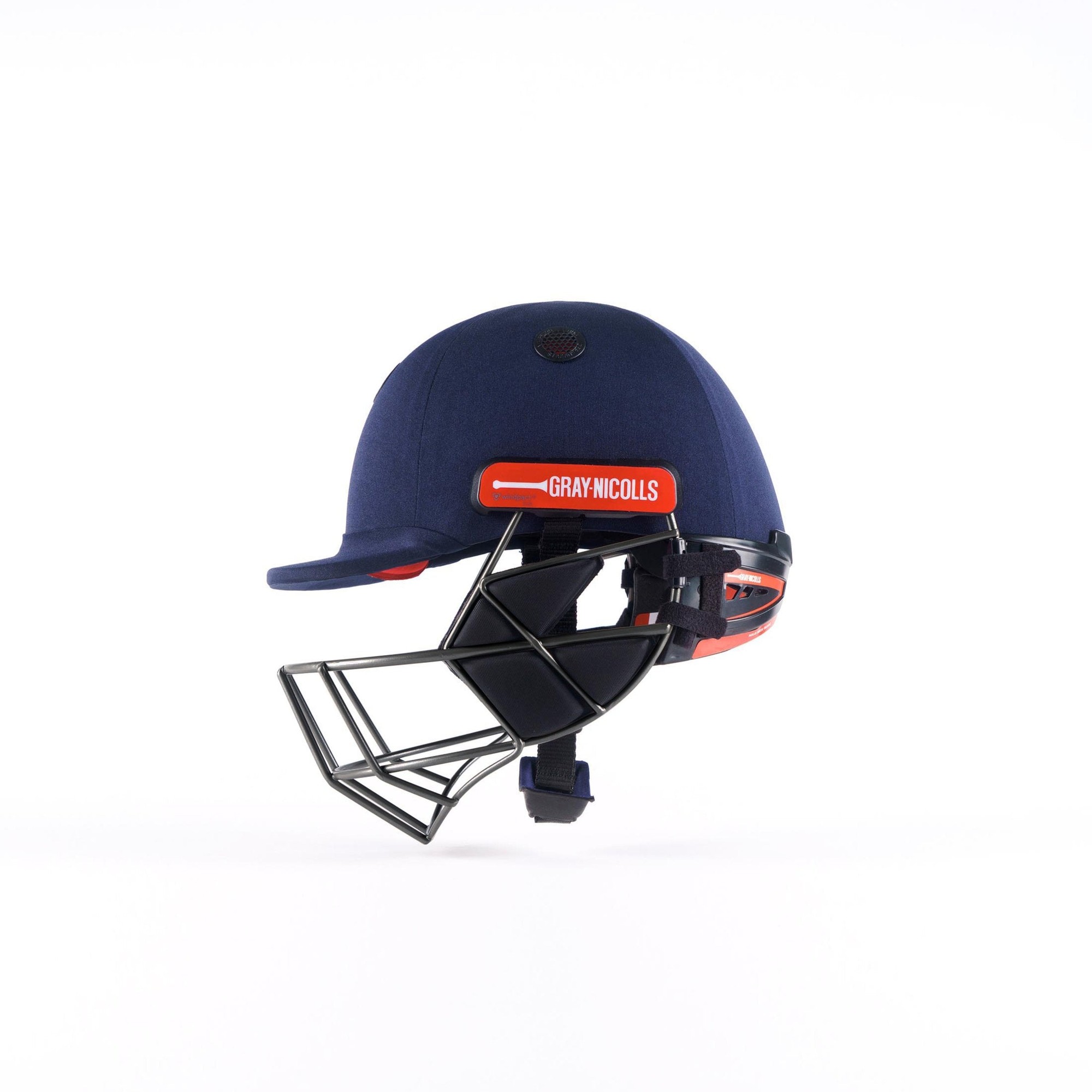 Gray-Nicolls Evo Cricket Helmet in navy blue with a red logo, featuring a durable outer shell, protective grille, and adjustable chin strap for secure fit.