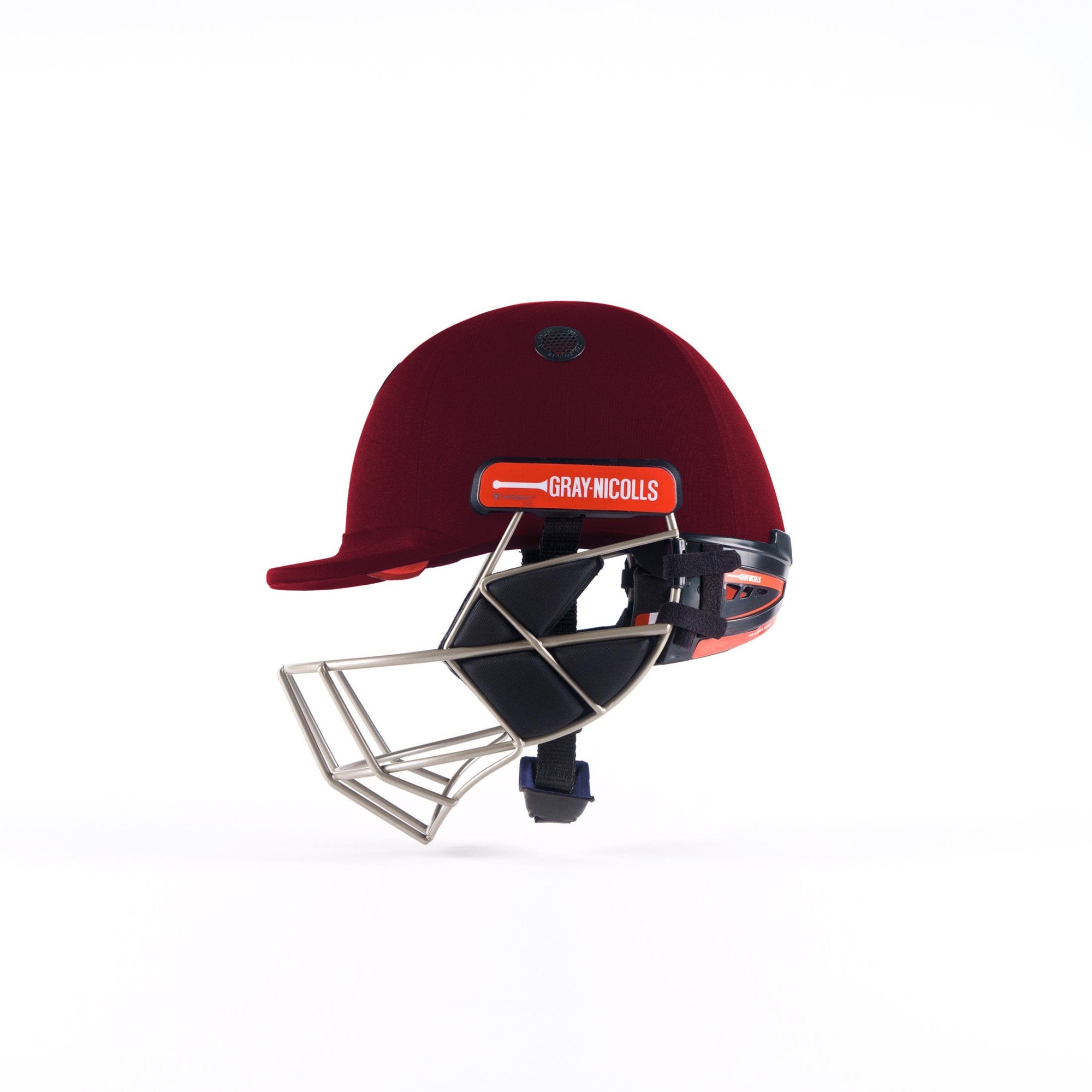 Gray-Nicolls Evo Pro Cricket Helmet in deep red with a metallic silver grille, adjustable chin strap, and prominent orange branding on the front.