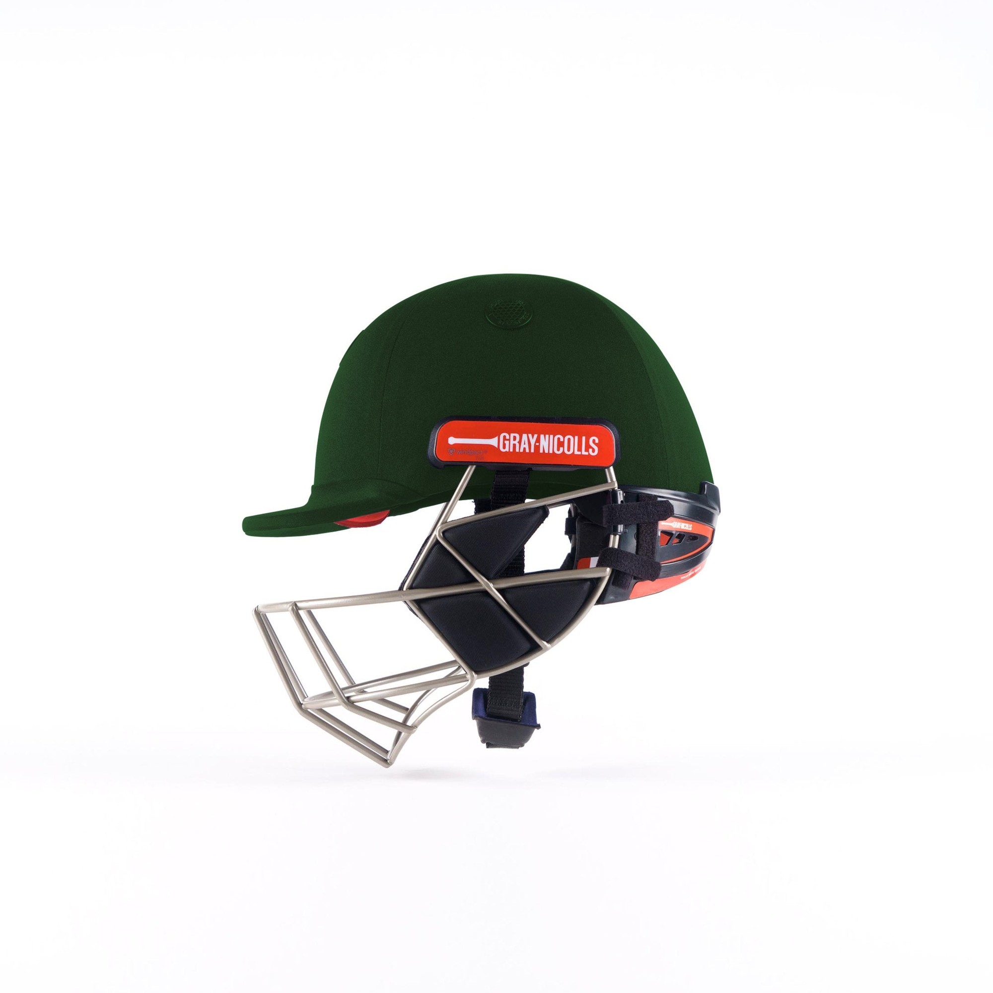 Gray-Nicolls Evo Pro Cricket Helmet in dark green with a metallic silver grille, featuring a vibrant red label and adjustable chin strap for enhanced protection and comfort.