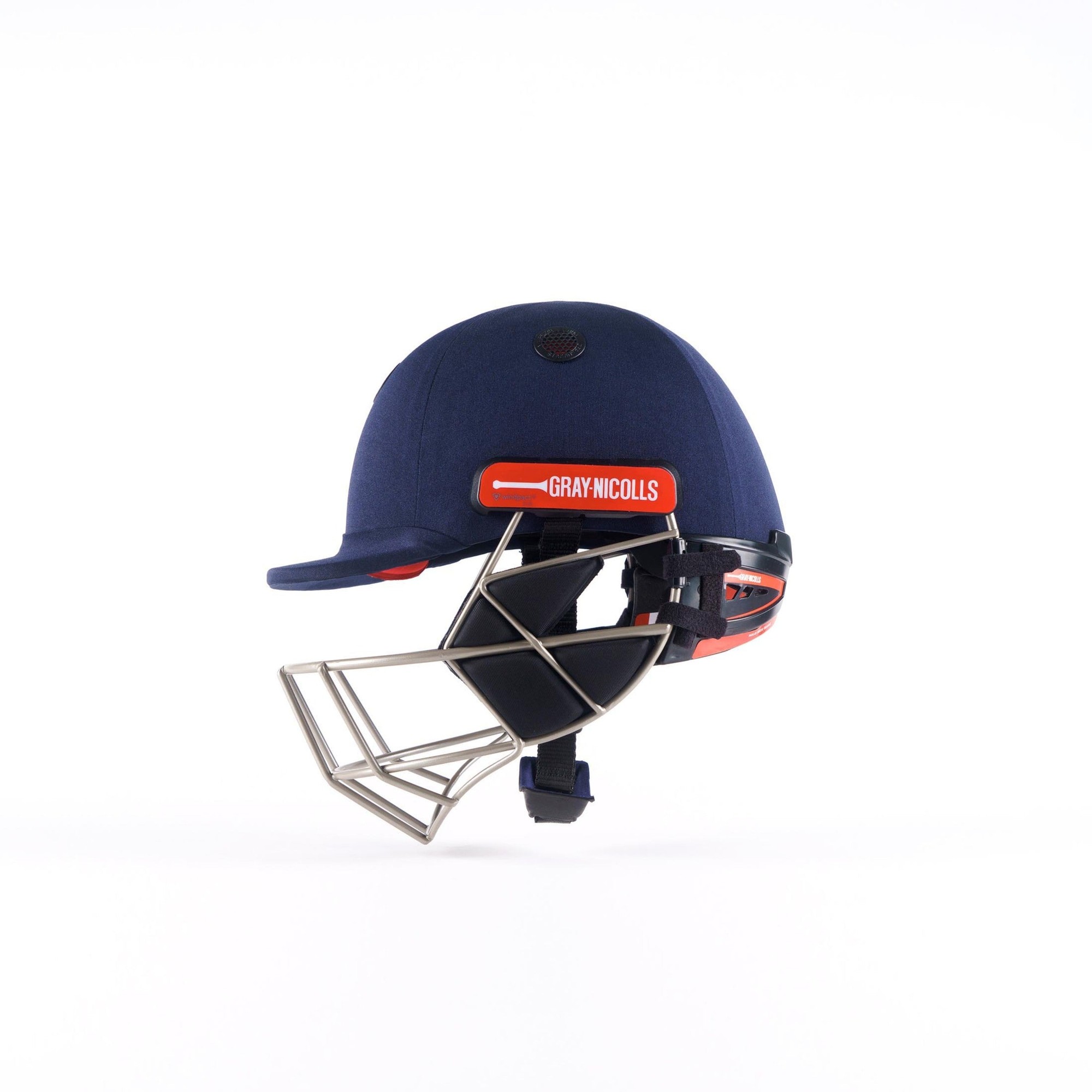 Gray-Nicolls Evo Pro Cricket Helmet in navy blue with a metal grille, adjustable chin strap, and prominent red branding on the front.