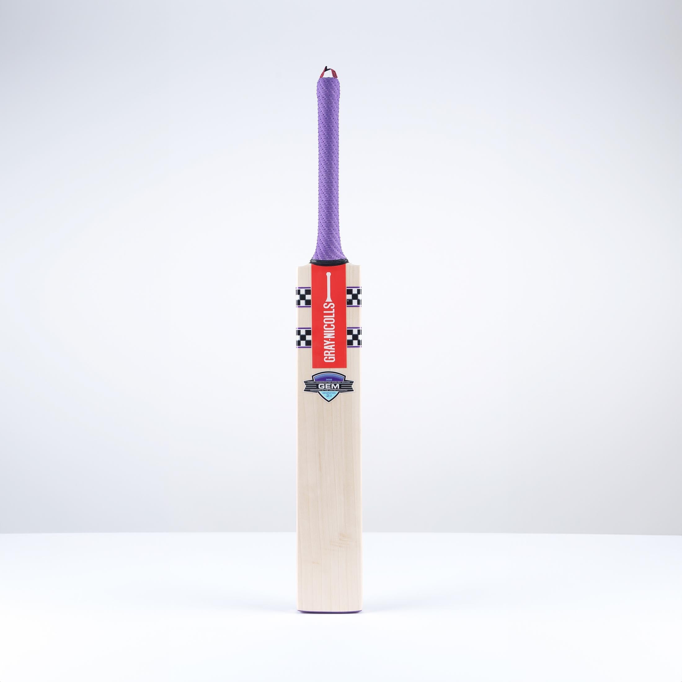 Gray-Nicolls GEM 2.1 300 women's cricket bat featuring a light wooden blade, purple grip, and red branding with checkered accents.