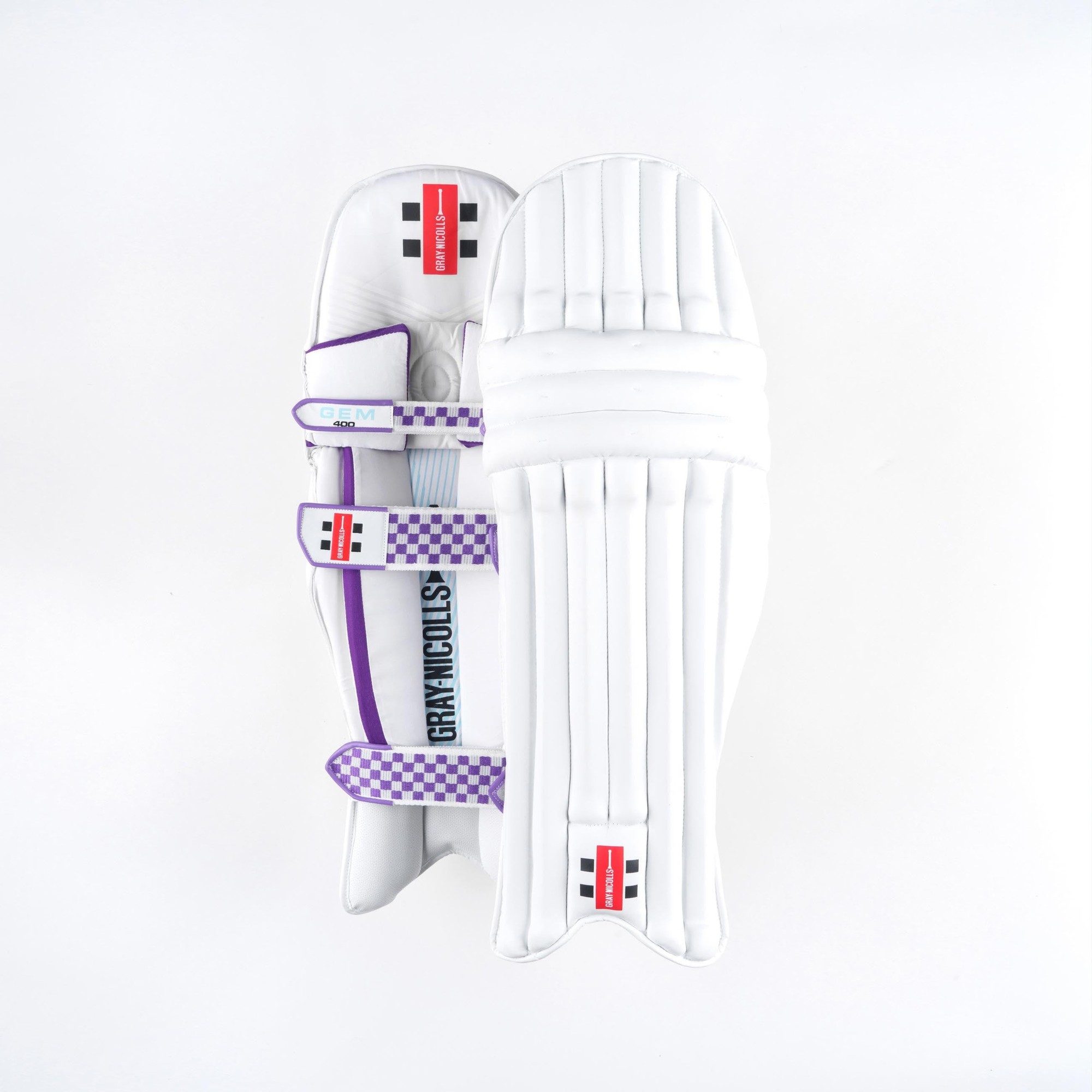 Gray-Nicolls GEM 2.1 400 batting pads in white, featuring a sleek design with purple and red accents, padded protection, and adjustable straps for a secure fit.