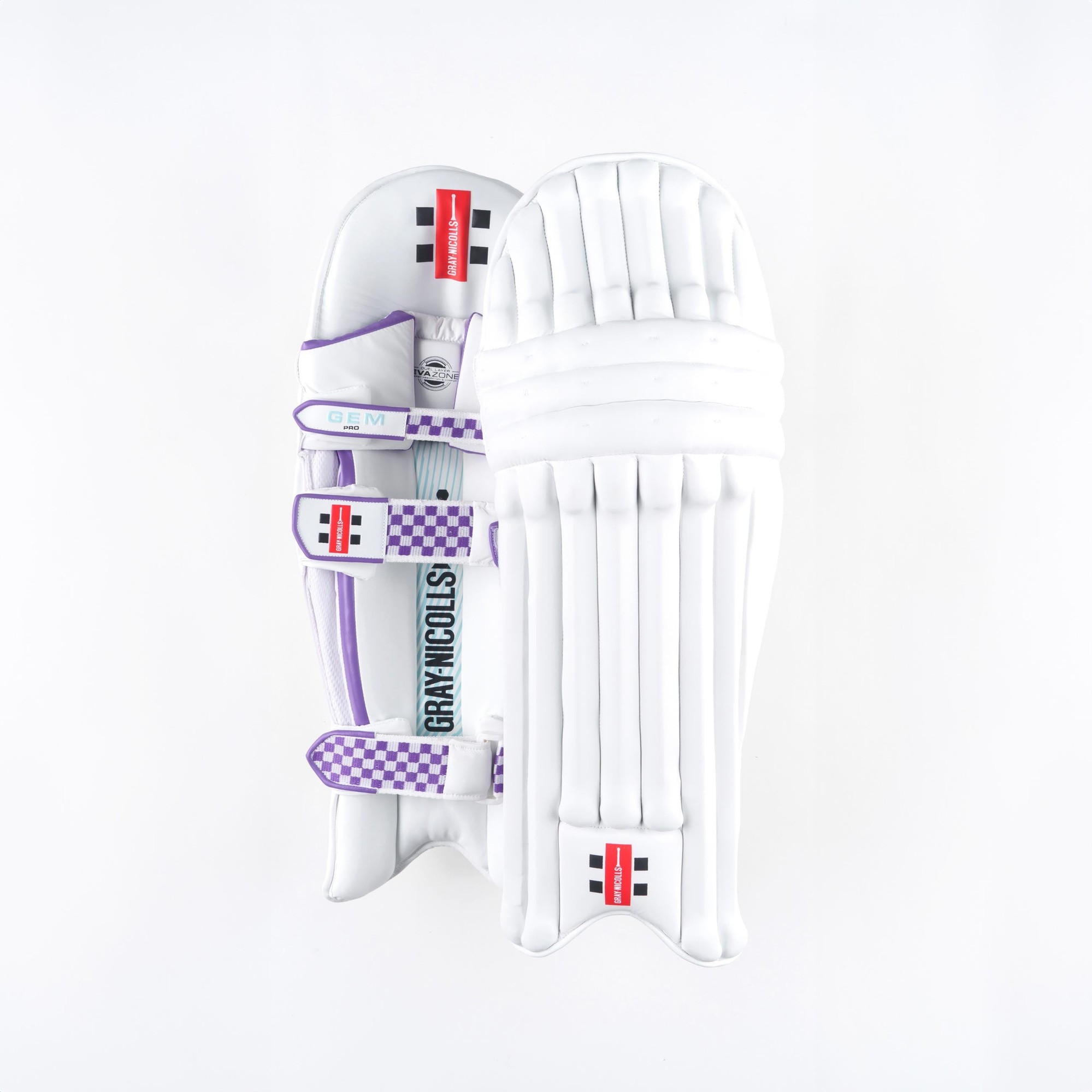 White Gray-Nicolls GEM 2.1 Pro Performance batting pads featuring purple accents, padded protection, and adjustable straps for secure fit.