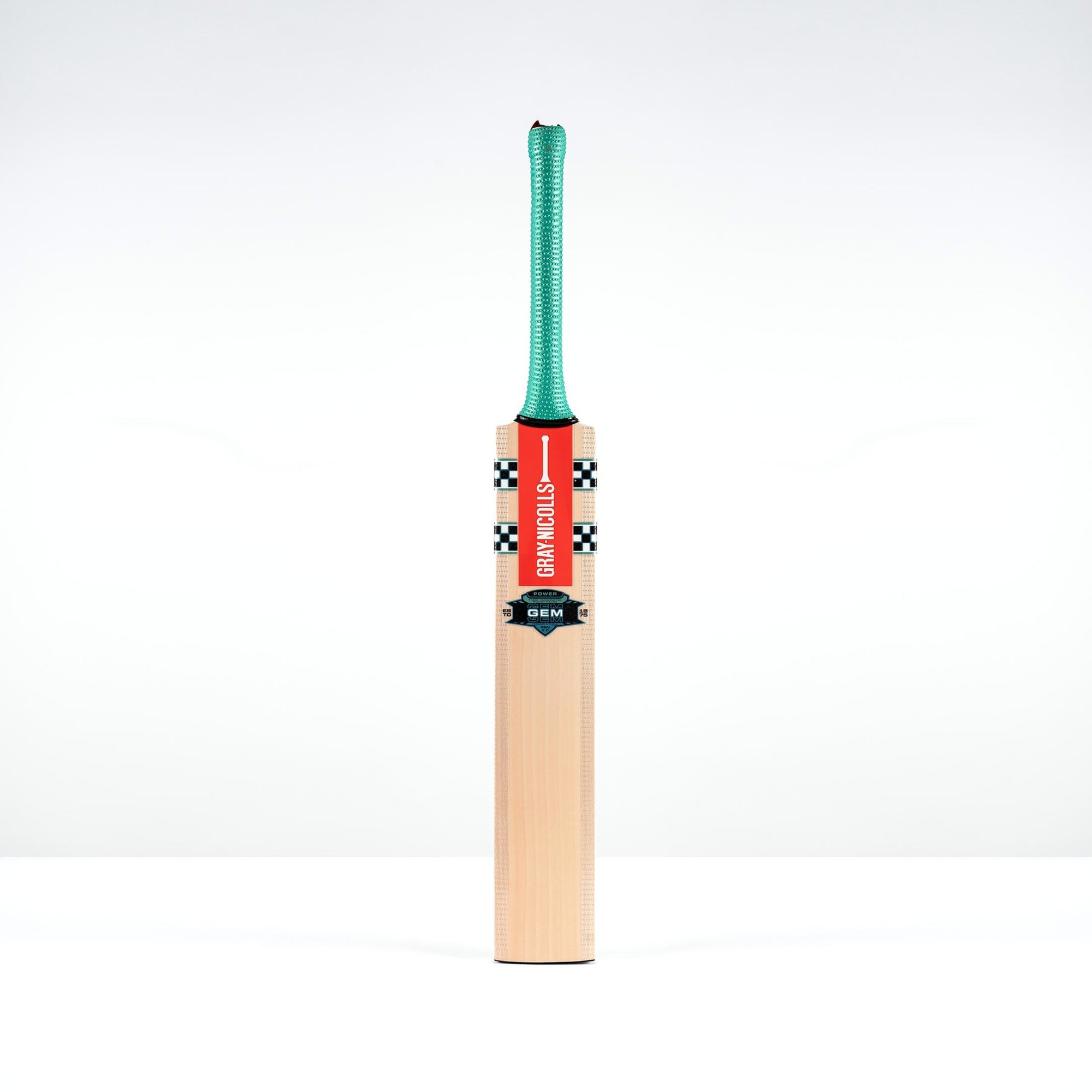 Gray-Nicolls GEM 3.0 Power Junior Cricket Bat features a light wooden blade, vibrant green grip, and bold branding in orange and black, designed for young players.