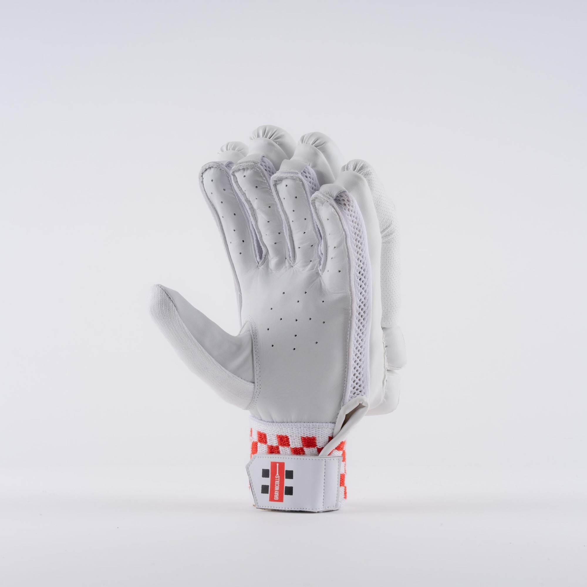 White Gray-Nicolls GN100 batting gloves featuring a textured palm, perforated fingers for breathability, and a red and white striped wrist strap.
